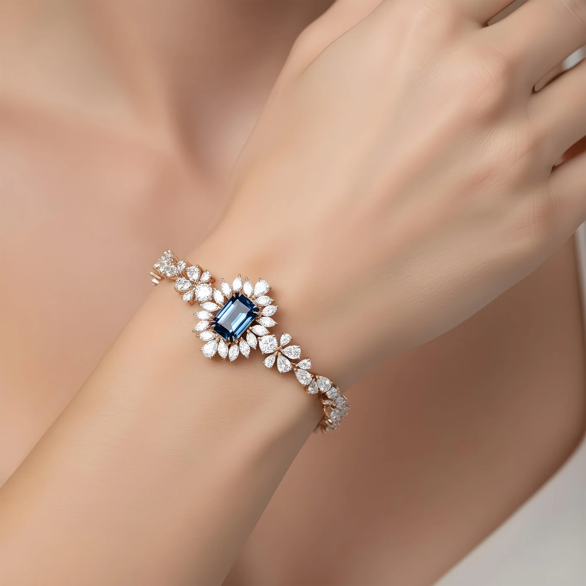 14K White Gold Emerald Cut Fancy Blue Diamond Goddess Bracelet - Image 8