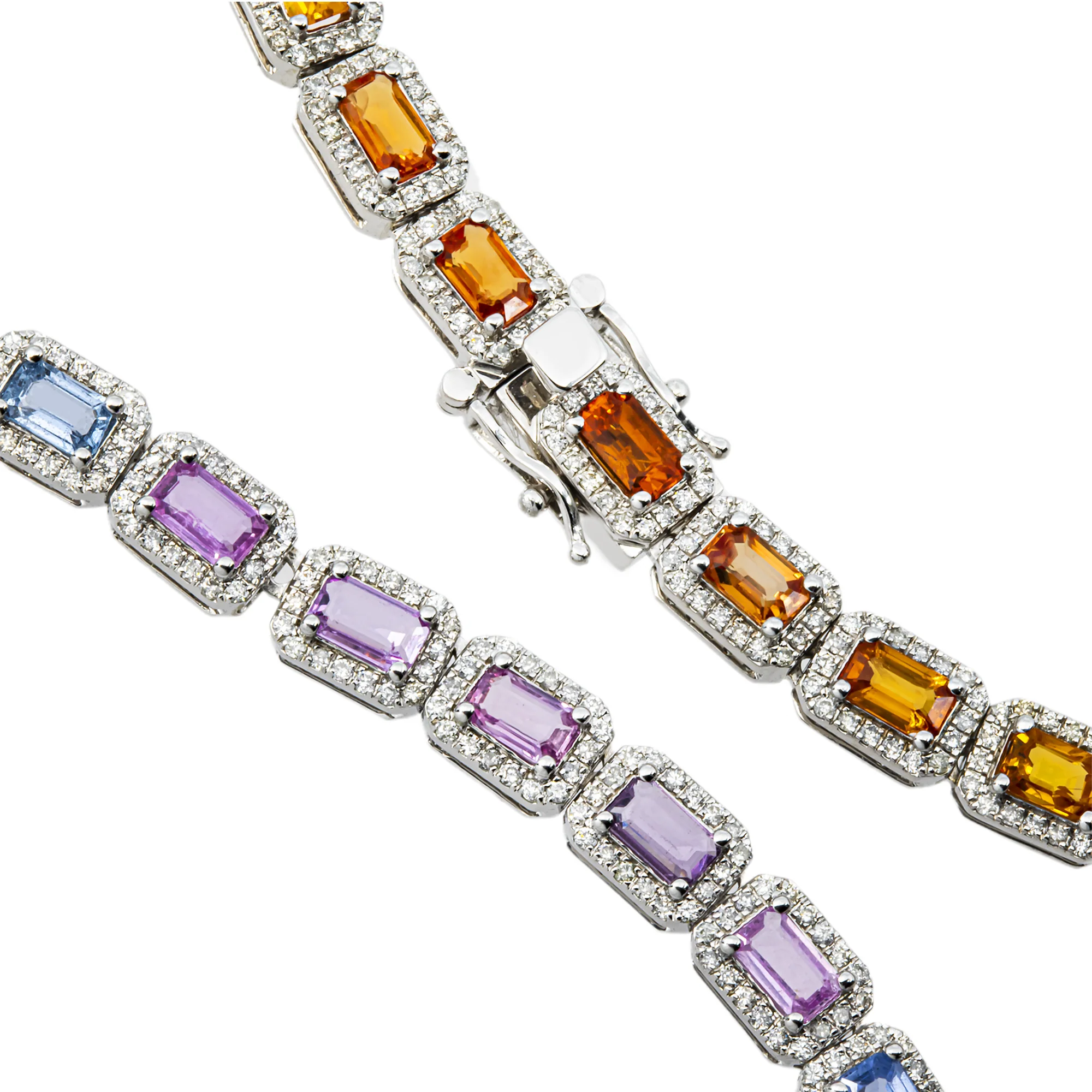 14K White Gold Emerald Cut Rainbow Gemstone & Diamond Chain - Image 3