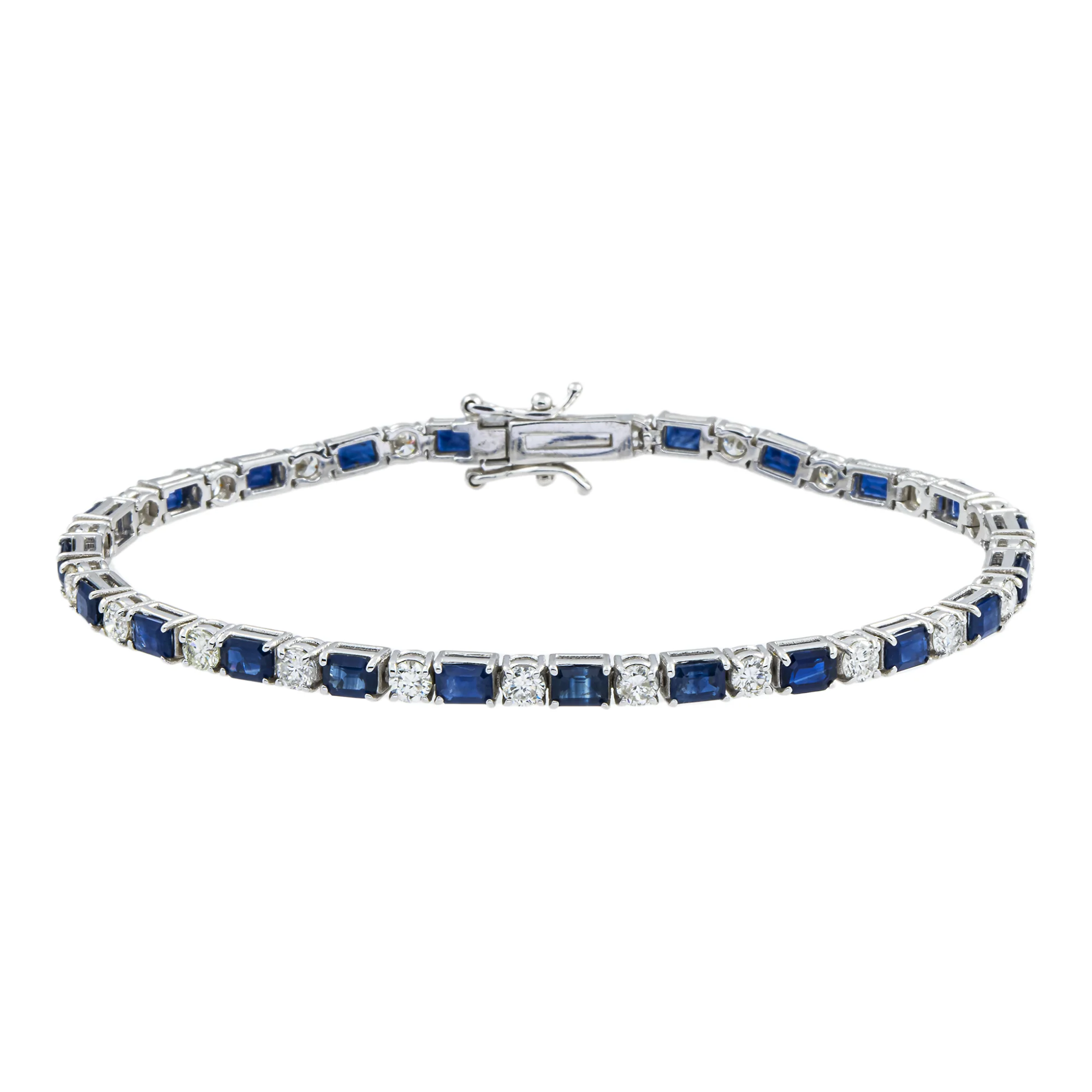 14K White Gold Emerald Cut Sapphire & Round Diamond Tennis Bracelet 6.49ct