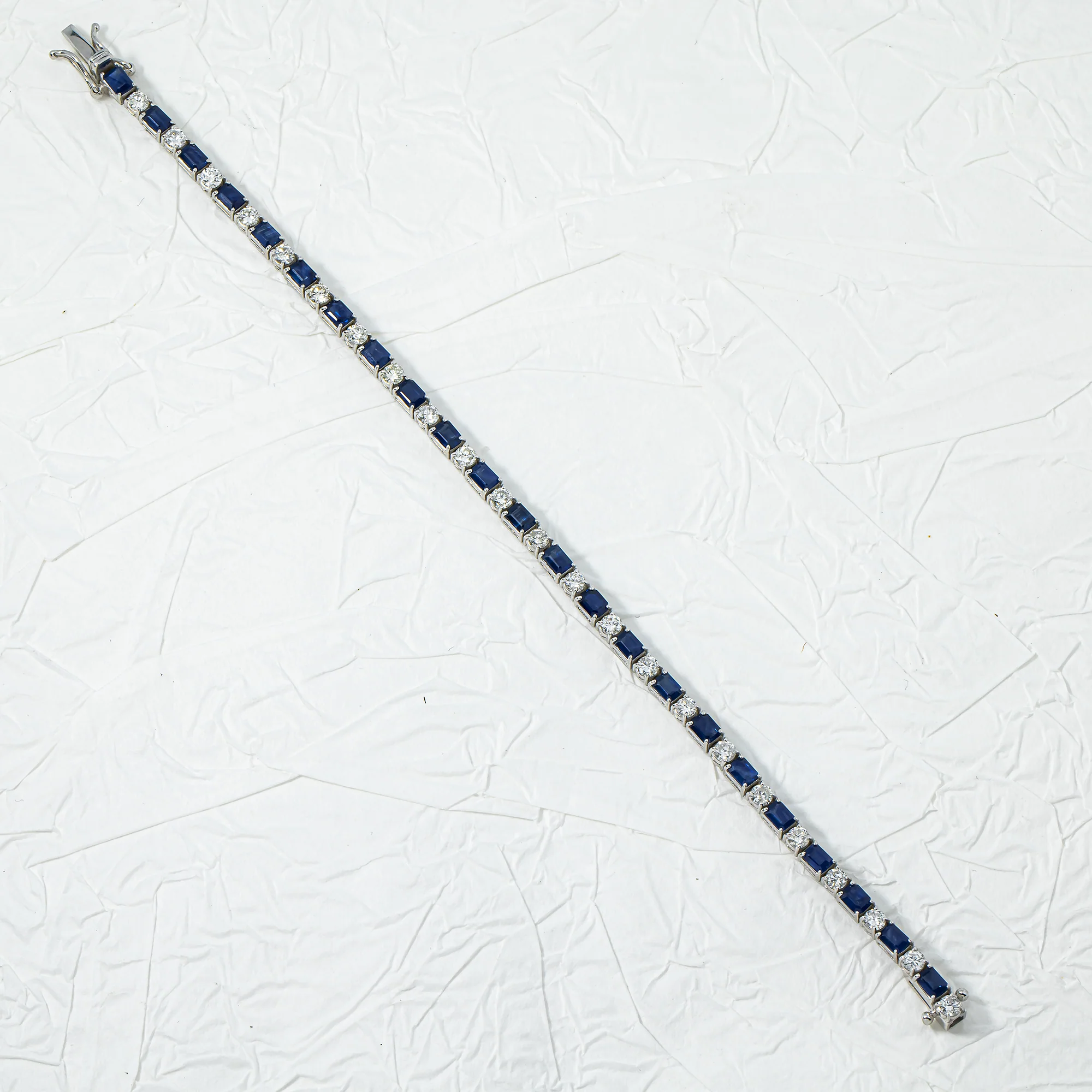 14K White Gold Emerald Cut Sapphire & Round Diamond Tennis Bracelet 6.49ct - Image 3