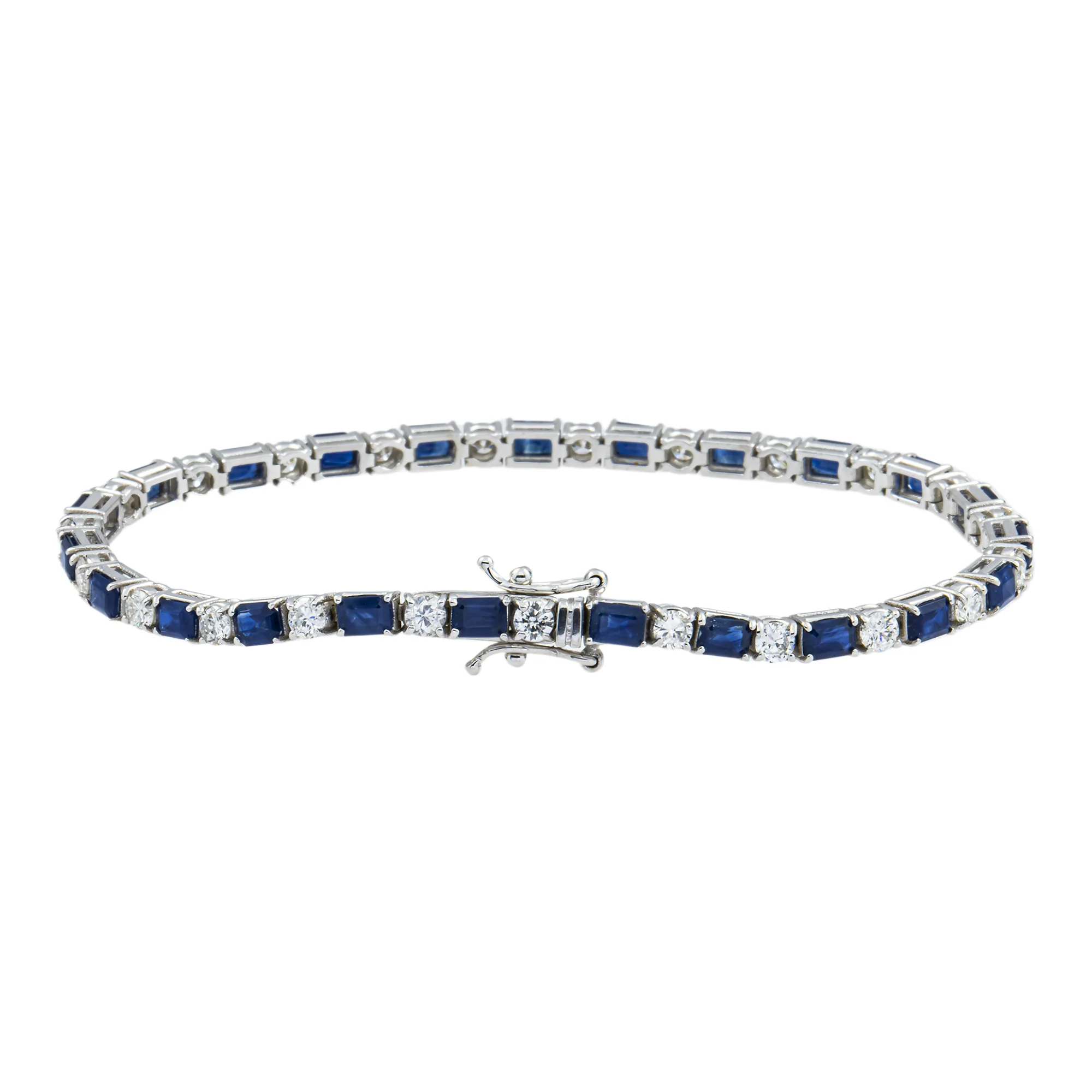 14K White Gold Emerald Cut Sapphire & Round Diamond Tennis Bracelet 6.49ct - Image 4