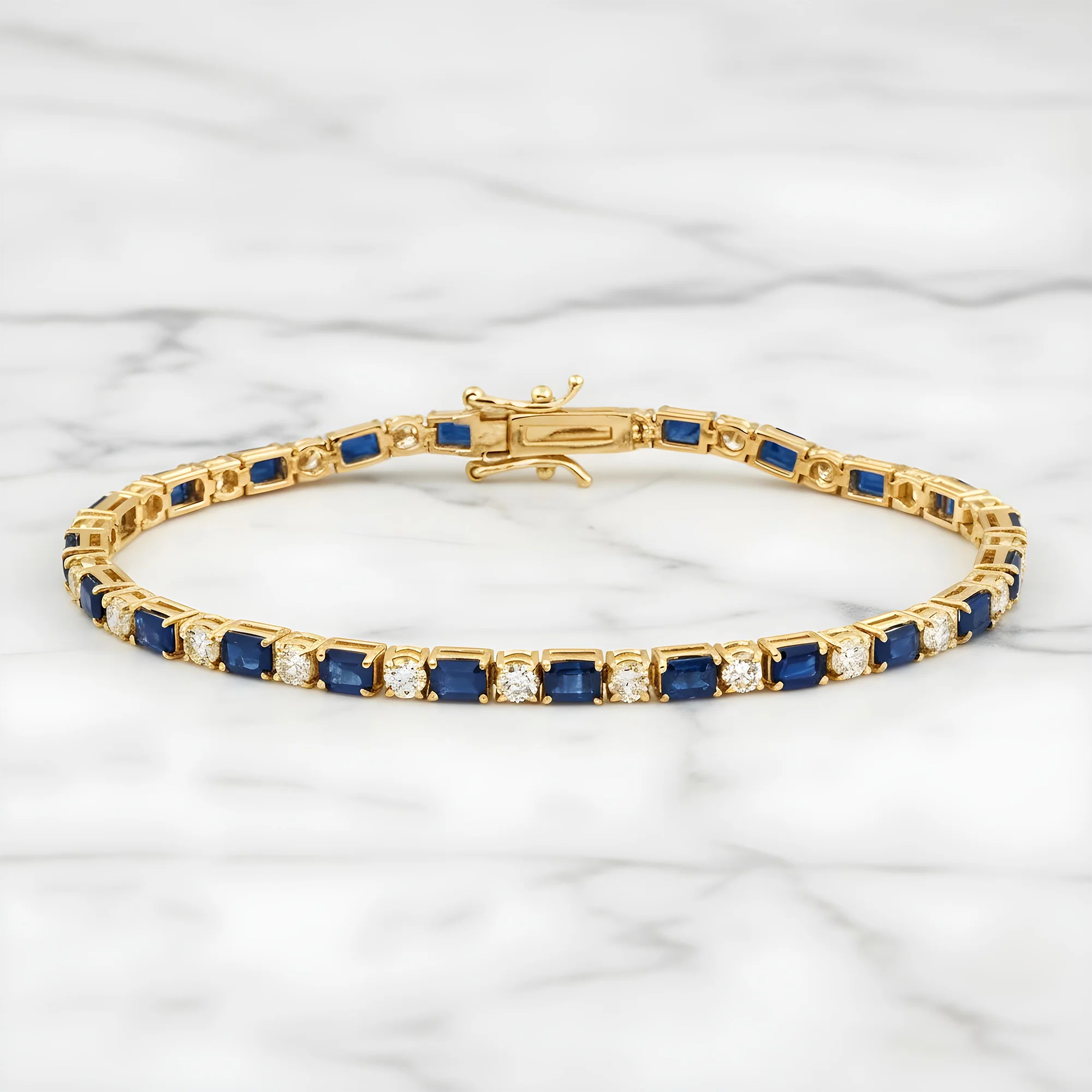 14K White Gold Emerald Cut Sapphire & Round Diamond Tennis Bracelet 6.49ct - Image 5