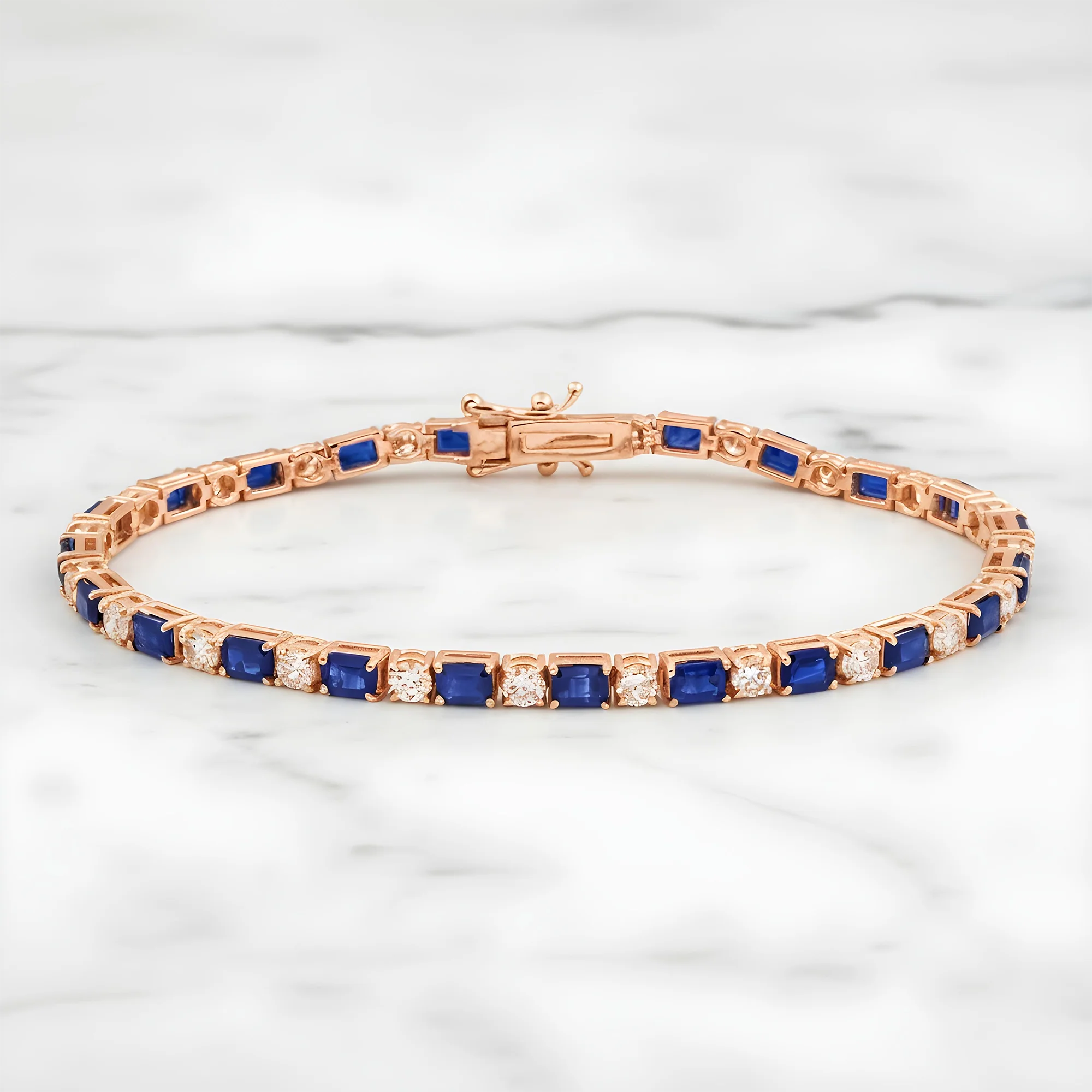 14K White Gold Emerald Cut Sapphire & Round Diamond Tennis Bracelet 6.49ct - Image 7