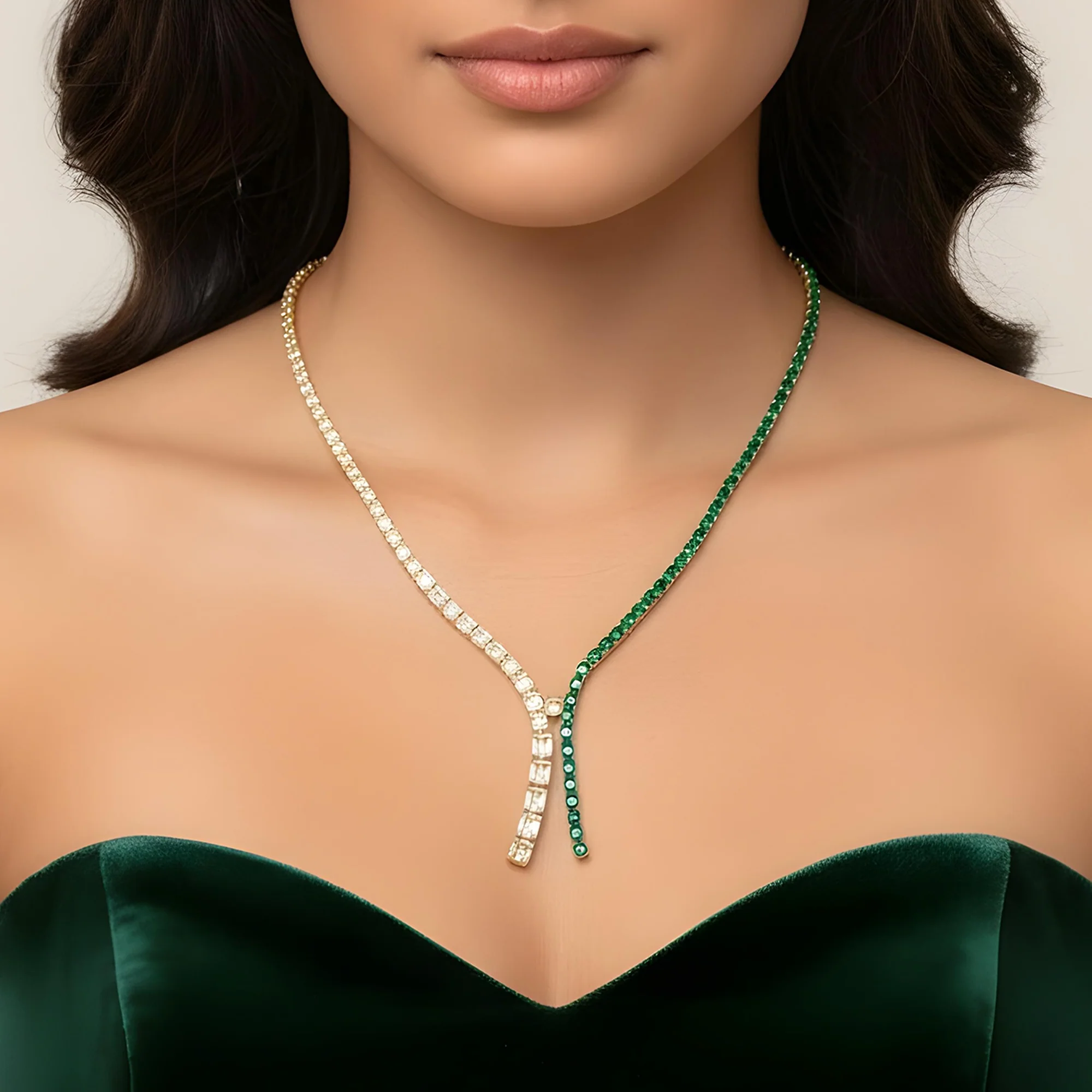 14K White Gold Oval Cut Emerald & Diamond Drop Necklace - Image 6