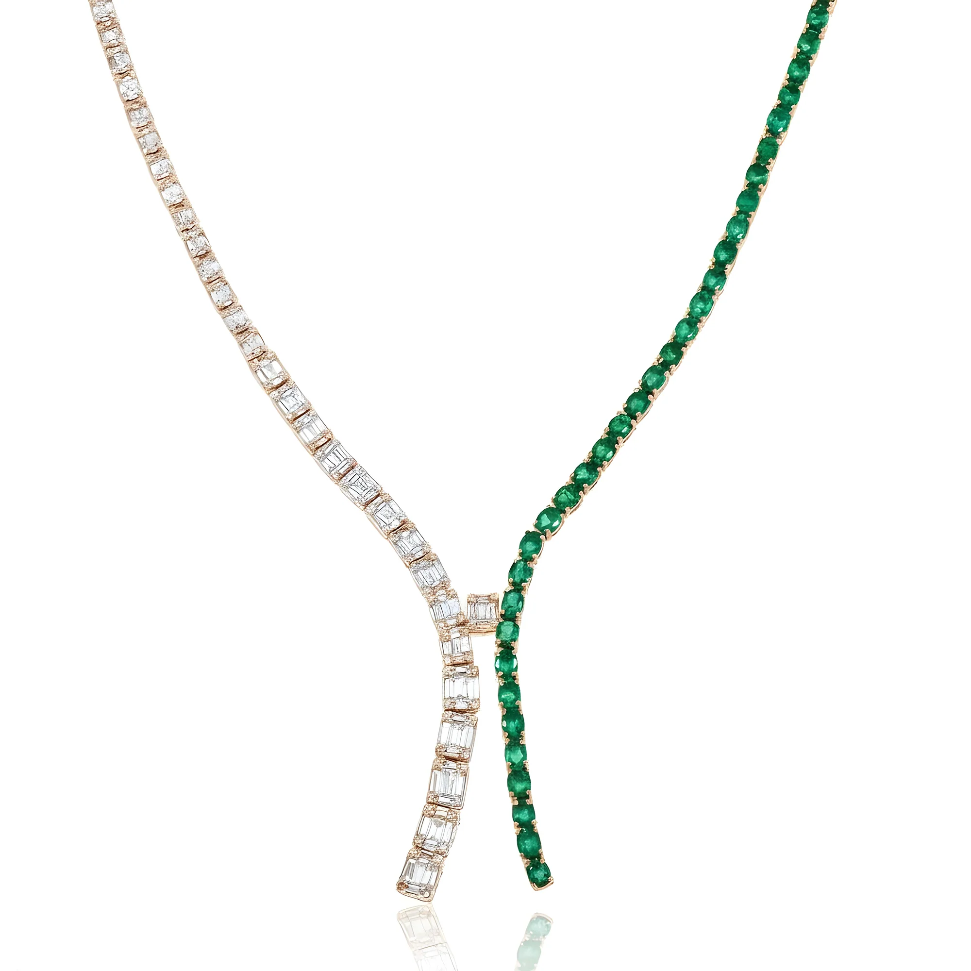 14K White Gold Oval Cut Emerald & Diamond Drop Necklace - Image 7