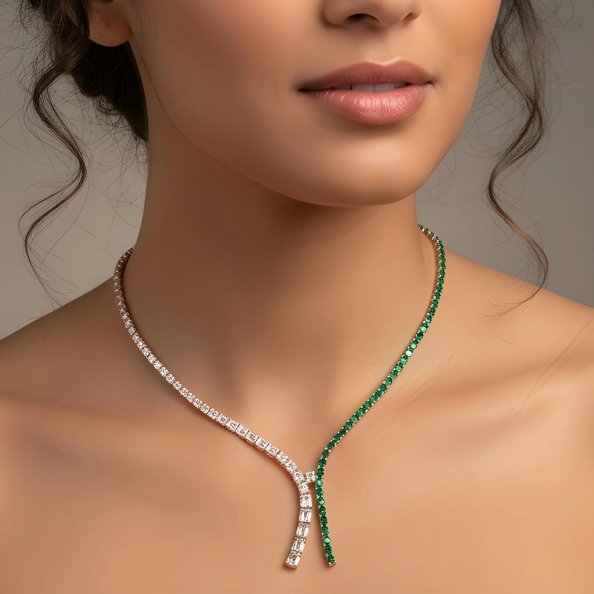 14K White Gold Oval Cut Emerald & Diamond Drop Necklace - Image 8