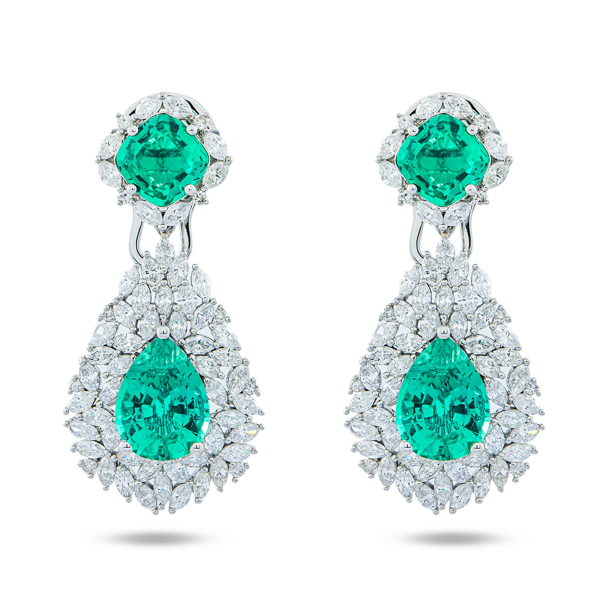 14K White Gold Emerald & Diamond Multi Shape Drop Earrings 11.06ctw
