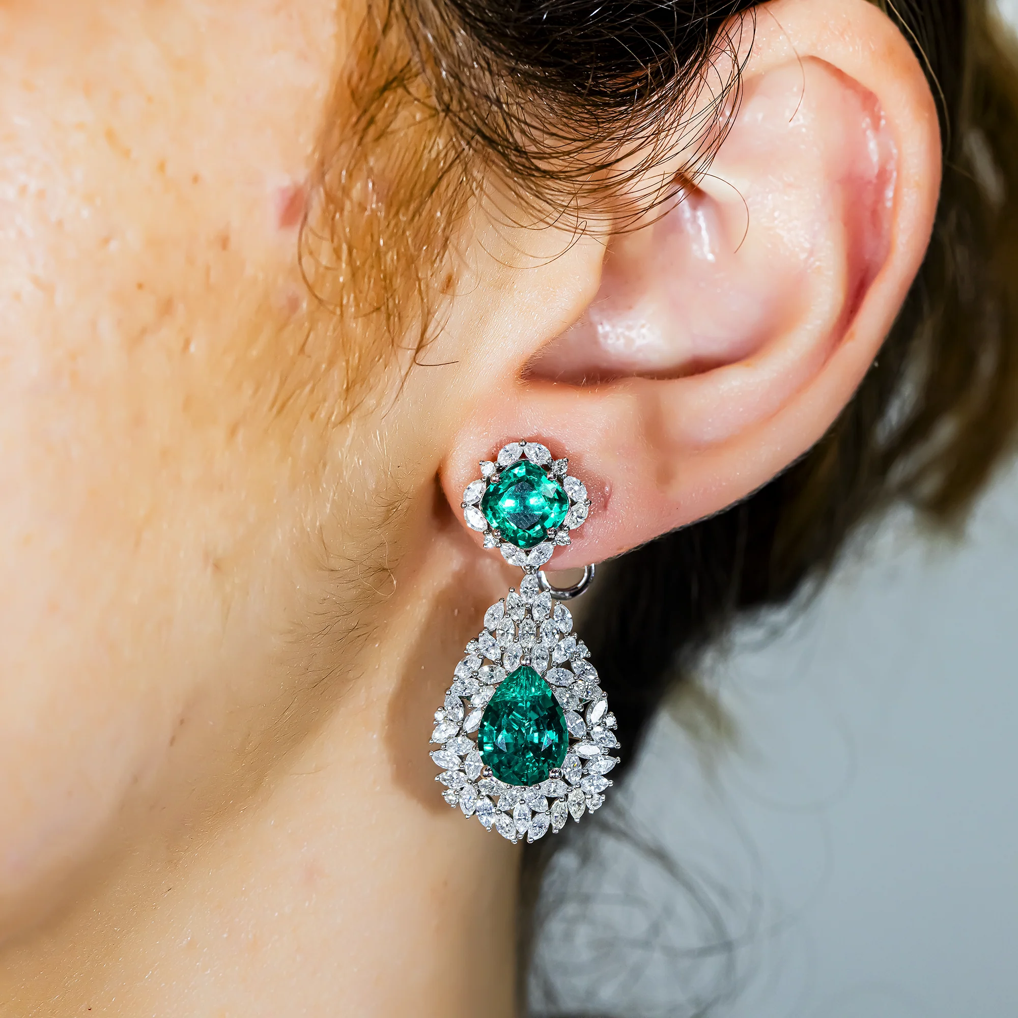 14K White Gold Emerald & Diamond Multi Shape Drop Earrings 11.06ctw - Image 2