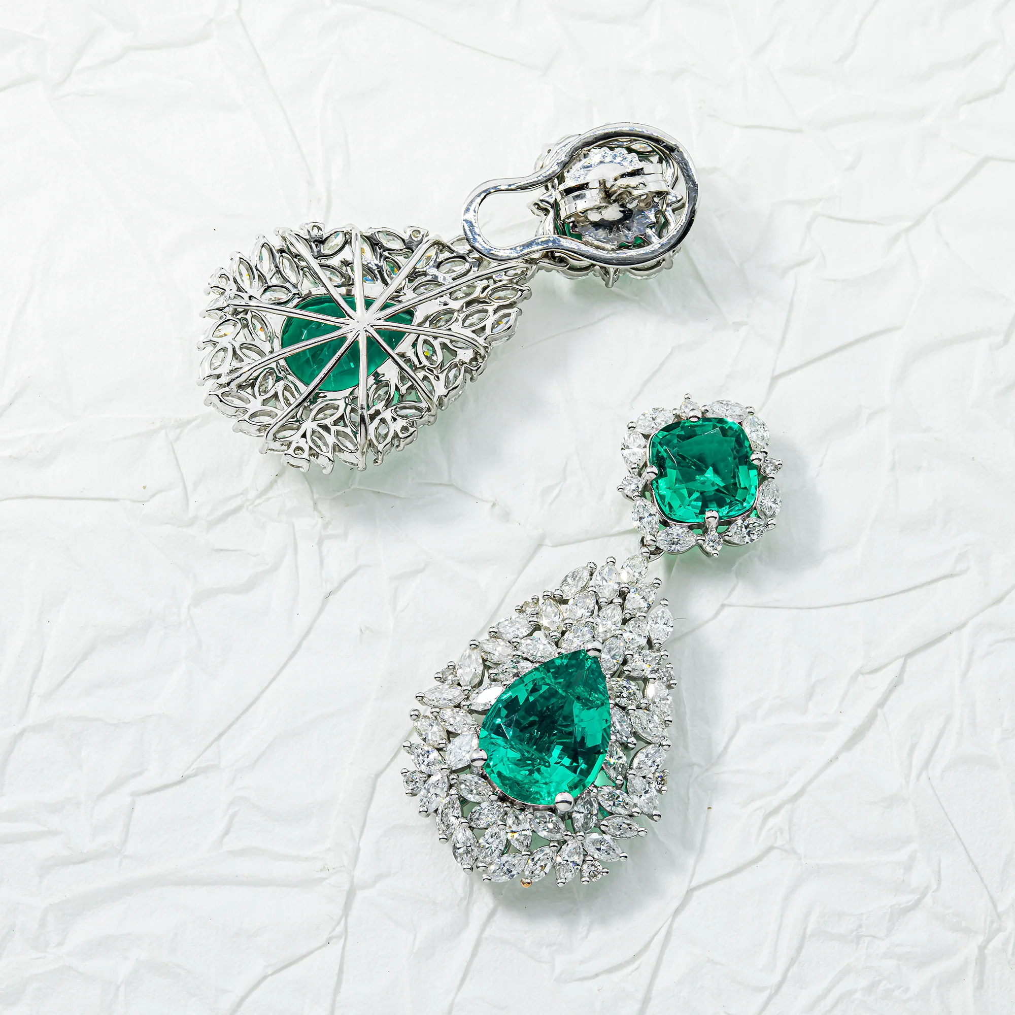 14K White Gold Emerald & Diamond Multi Shape Drop Earrings 11.06ctw - Image 3