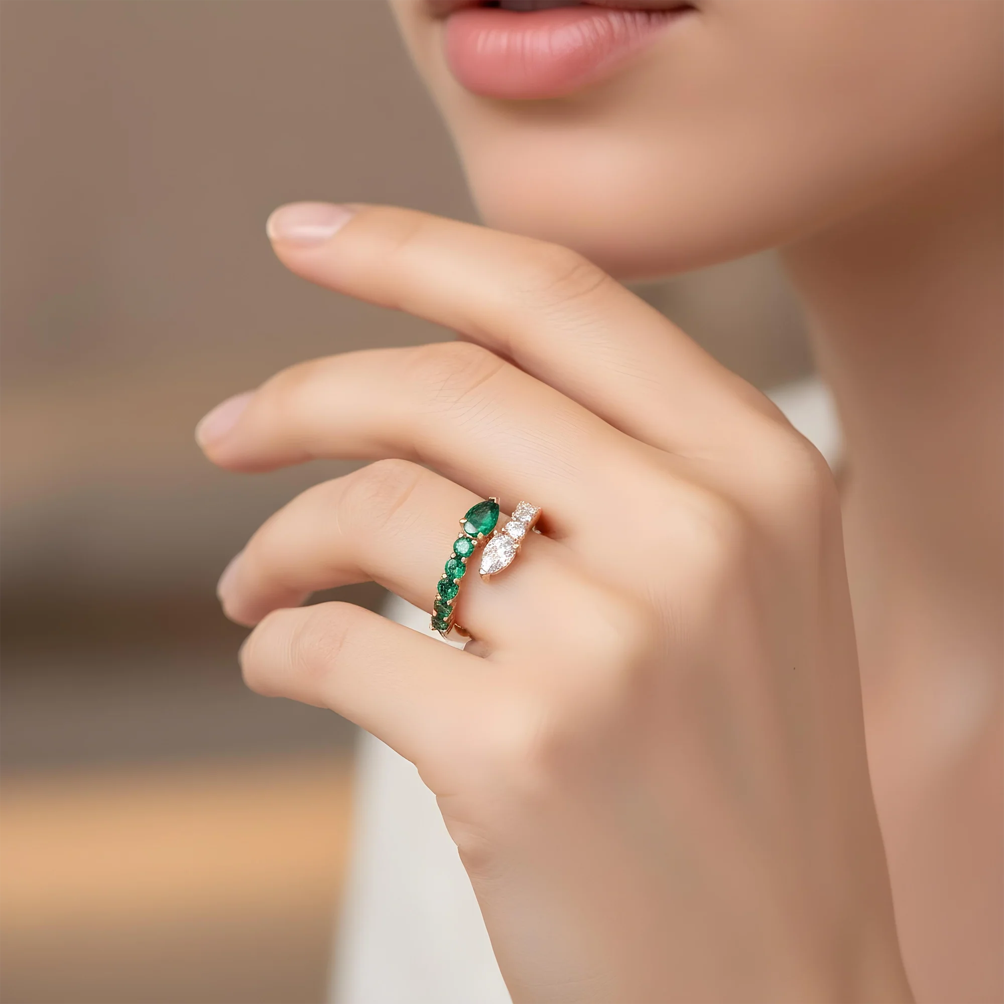 14K White Gold Emerald & Diamond Snake Wrap Ring 1.20ctw - Image 9