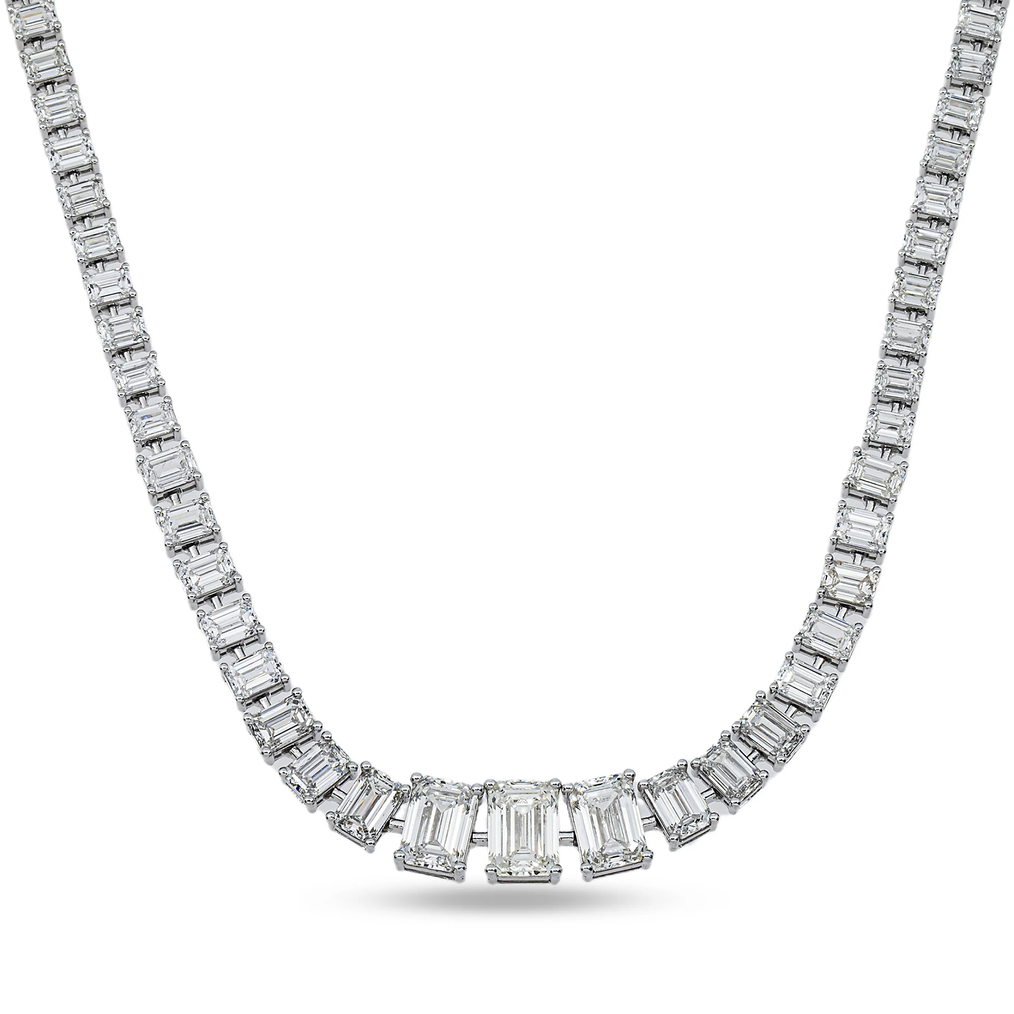 14K White Gold Graduated Emerald Diamond Tennis Chain 32.52ct