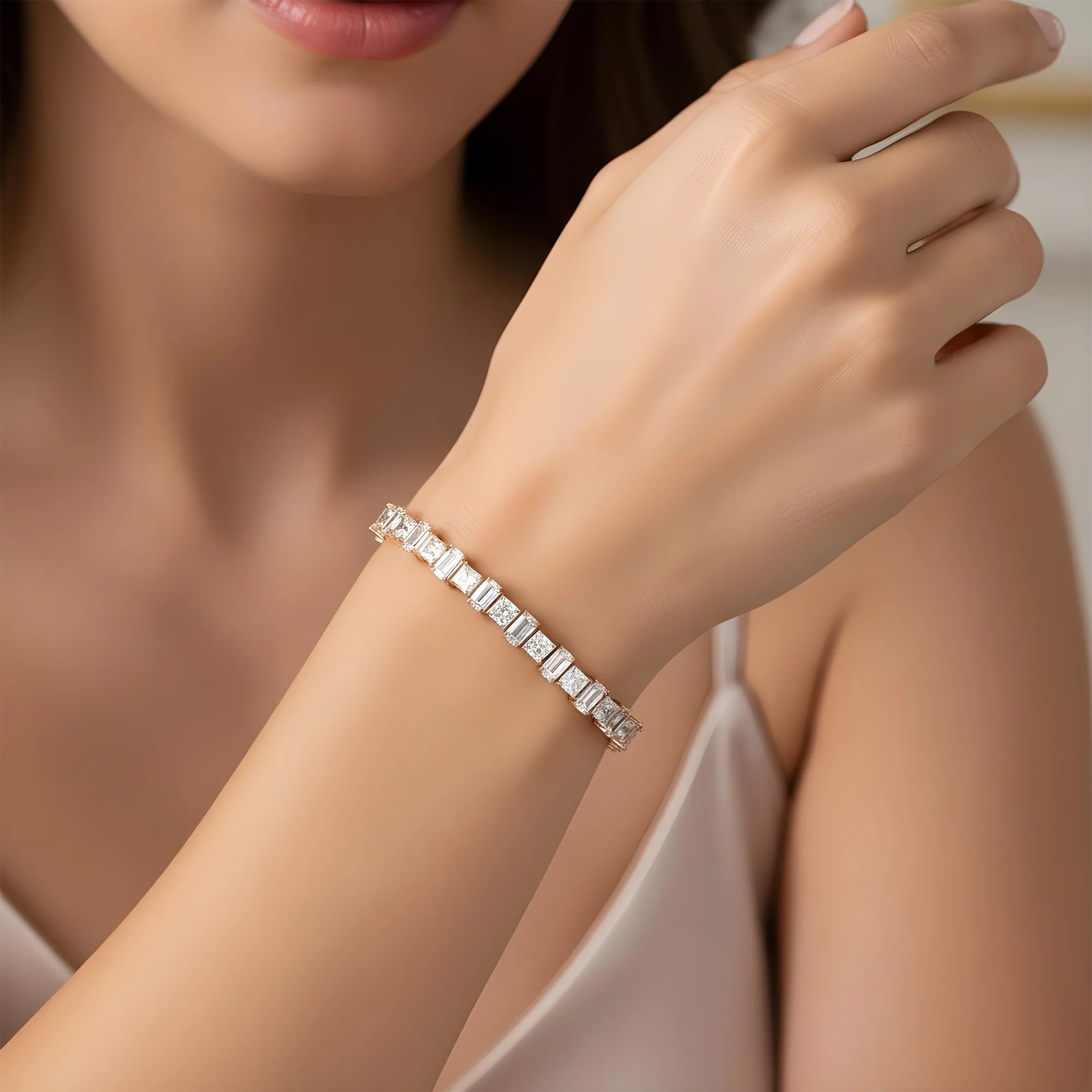 14K White Gold Emerald & Radiant Cut Diamond Bracelet 13.72ctw - Image 7