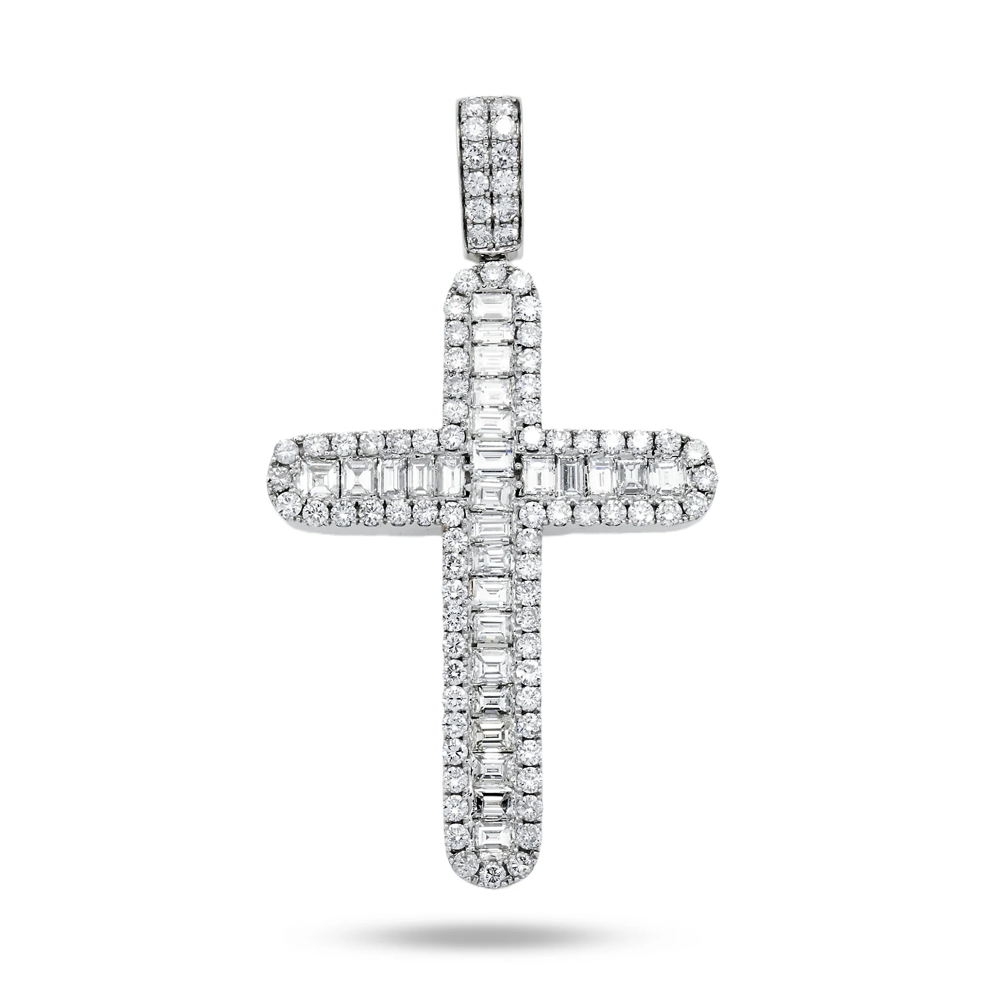 14K White Gold Emerald & Round Cut Diamond Cross Pendant 15.90ct