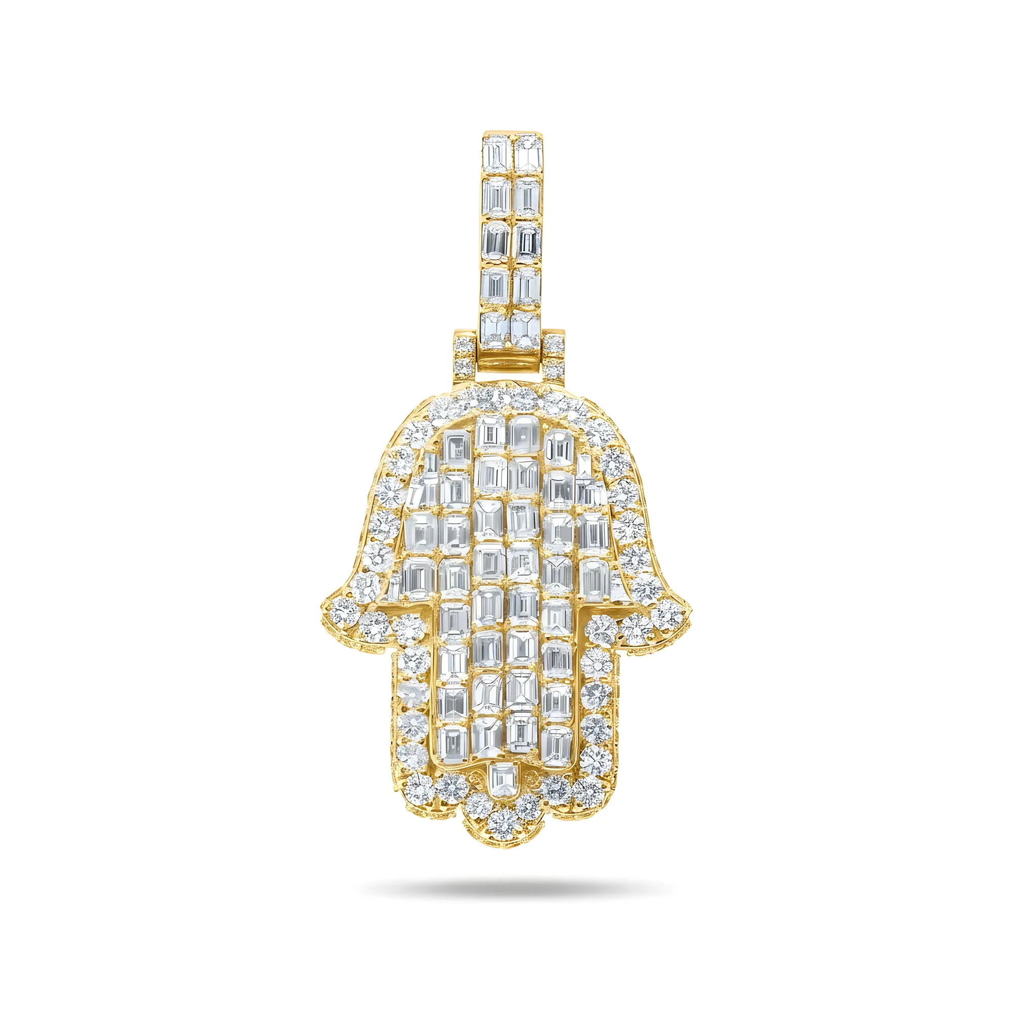 14K White Gold Emerald & Round Cut Diamond Hamsa Hand Pendant 8.91ct - Image 5