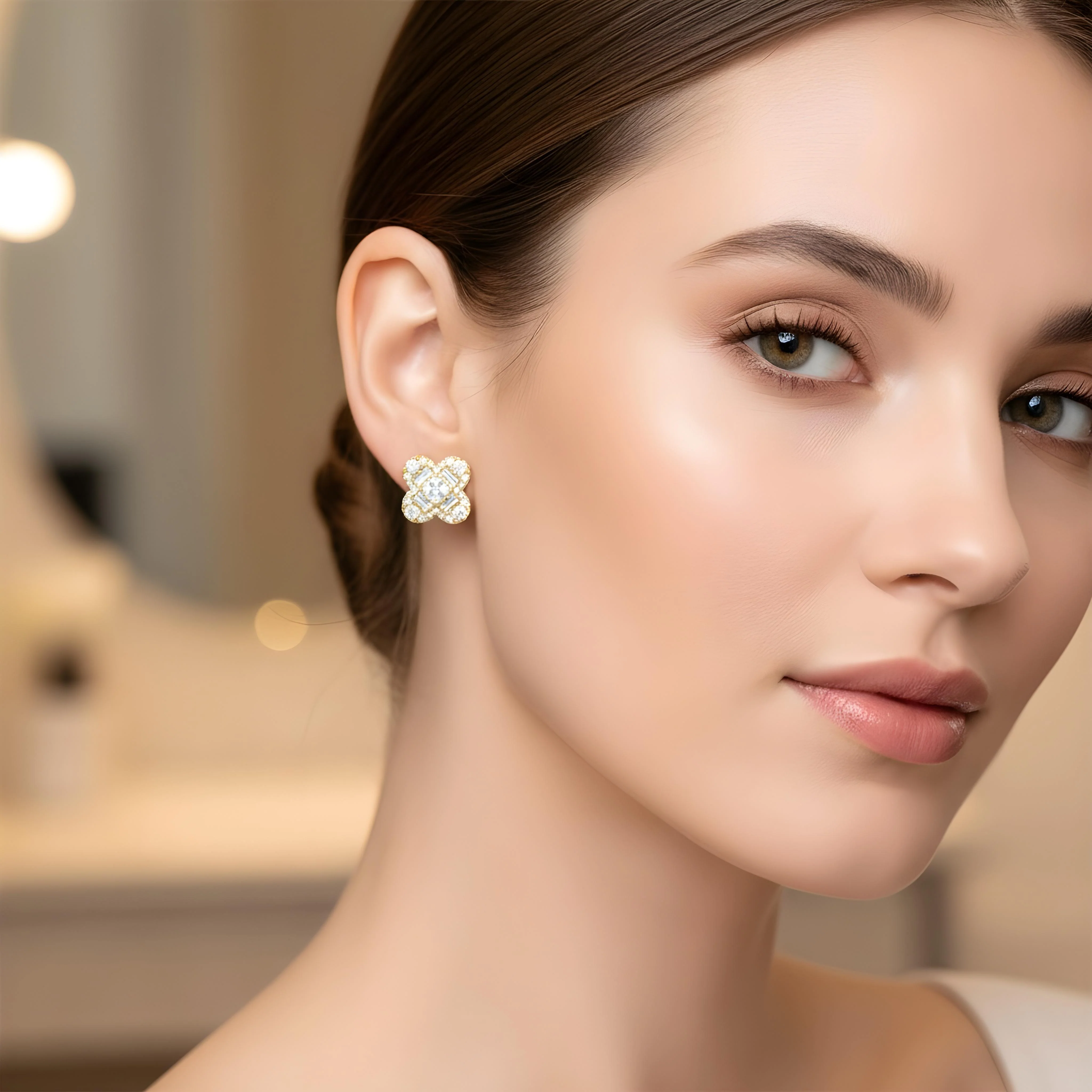 14K White Gold Emerald & Round Diamond Clover Stud Earrings 1.44ctw - Image 6