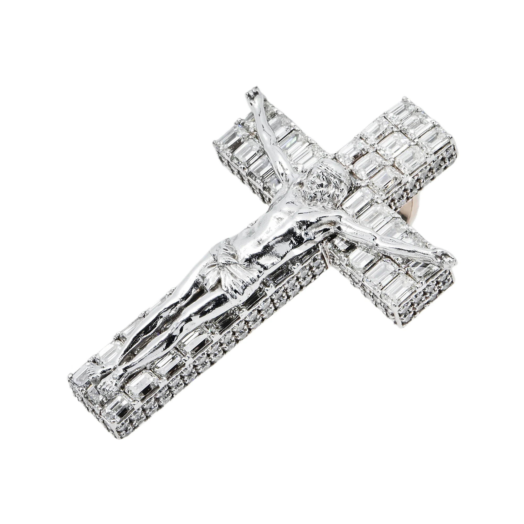 14K White Gold Emerald & Round Diamond Jesus Cross Pendant 9.82ct - Image 3