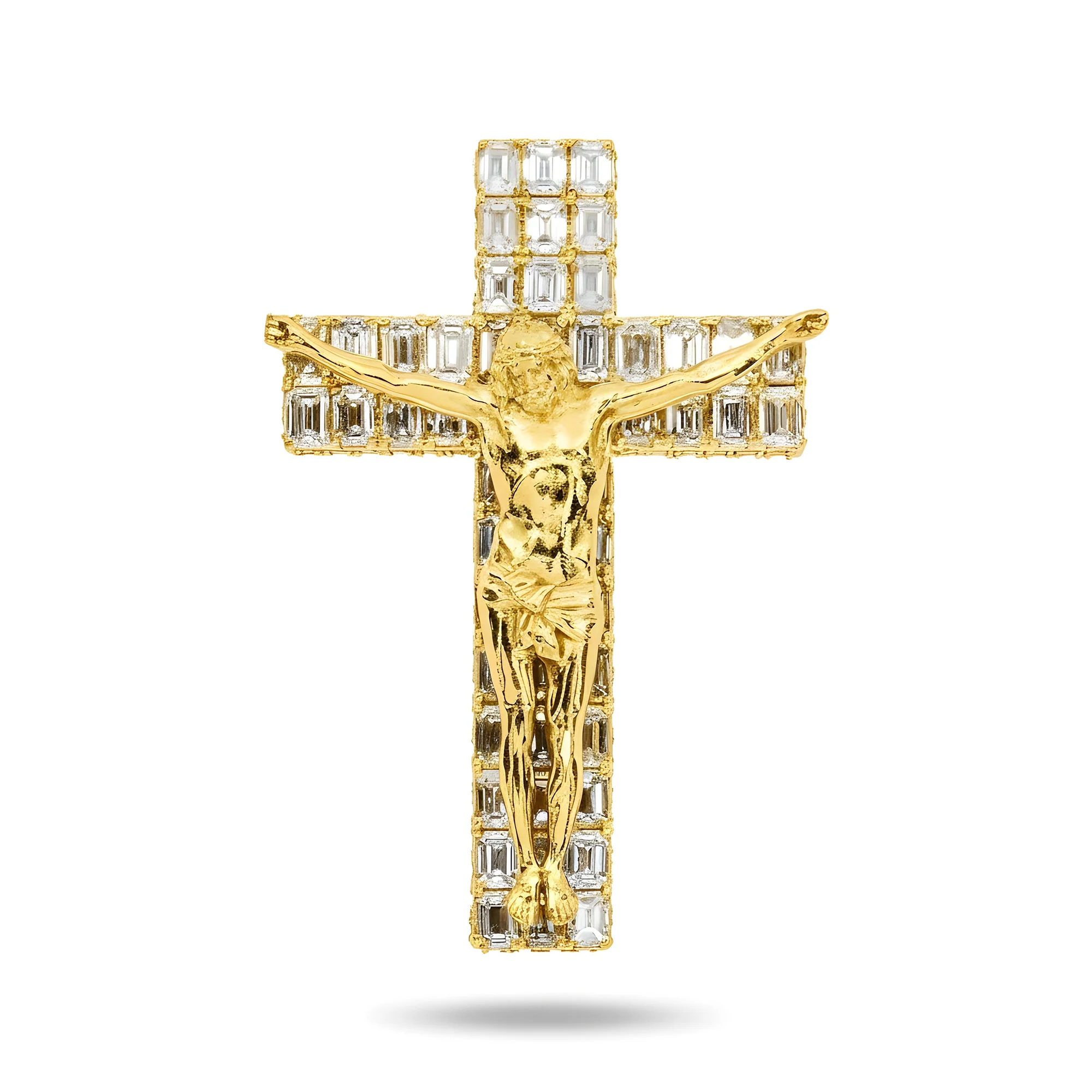 14K White Gold Emerald & Round Diamond Jesus Cross Pendant 9.82ct - Image 6