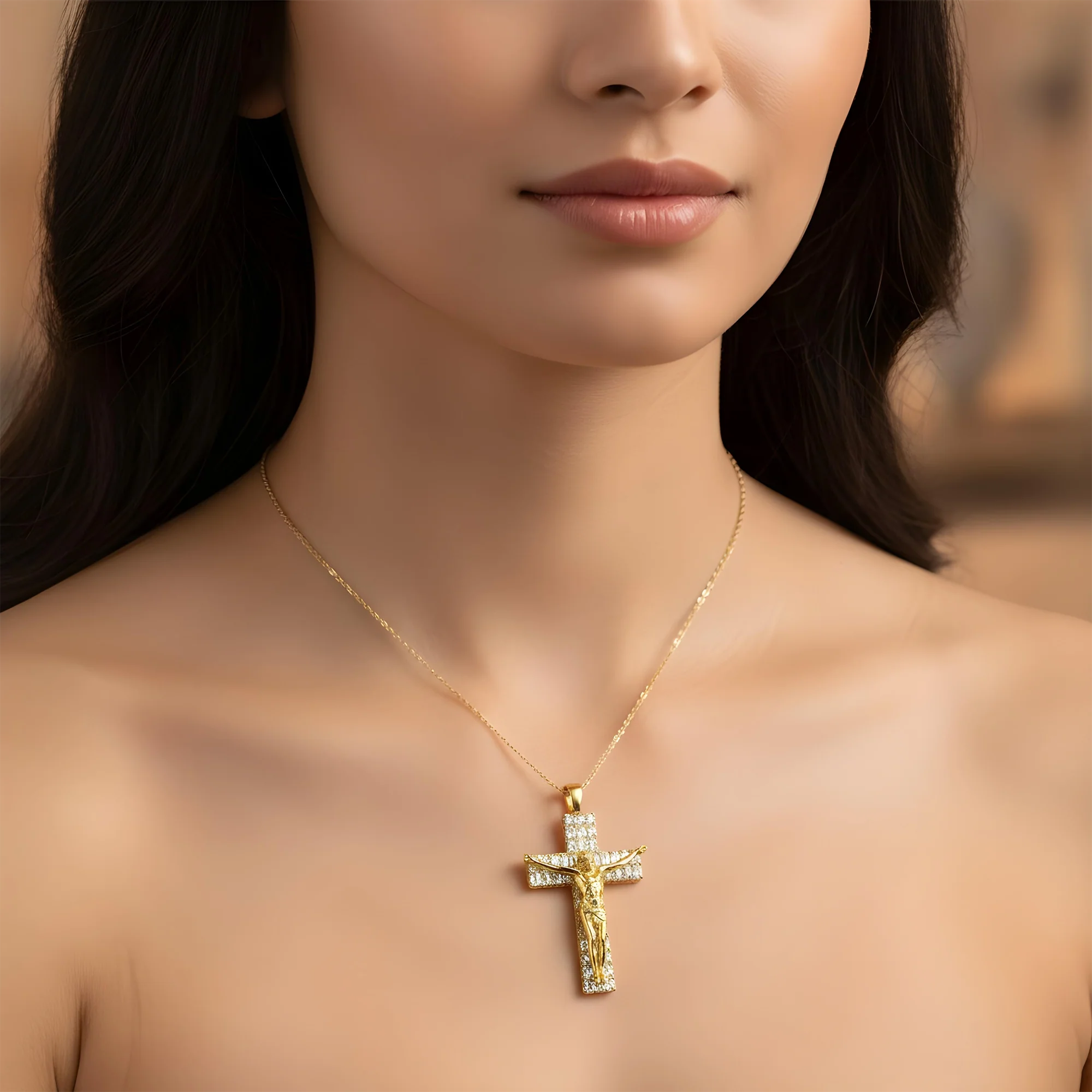 14K White Gold Emerald & Round Diamond Jesus Cross Pendant 9.82ct - Image 7