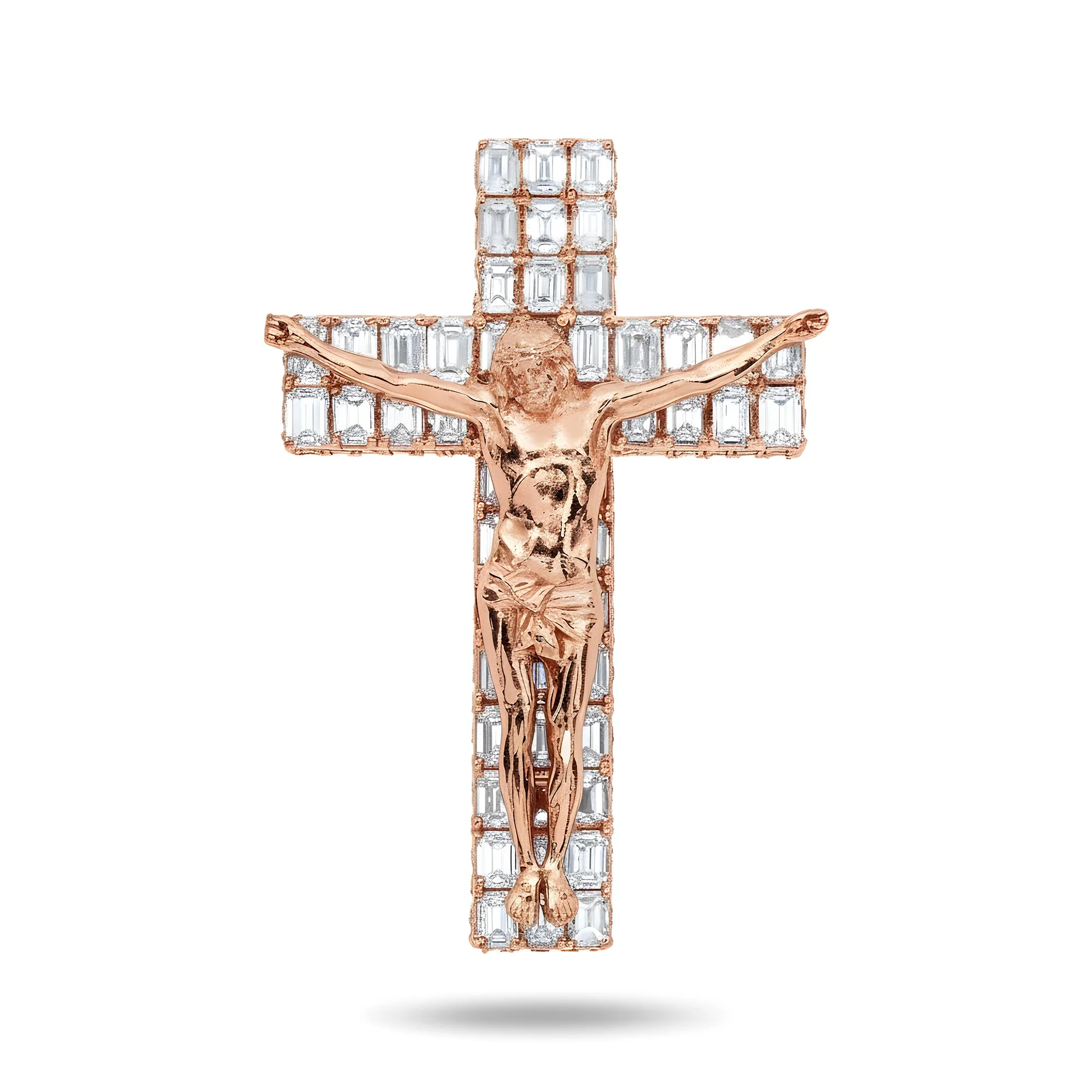 14K White Gold Emerald & Round Diamond Jesus Cross Pendant 9.82ct - Image 8