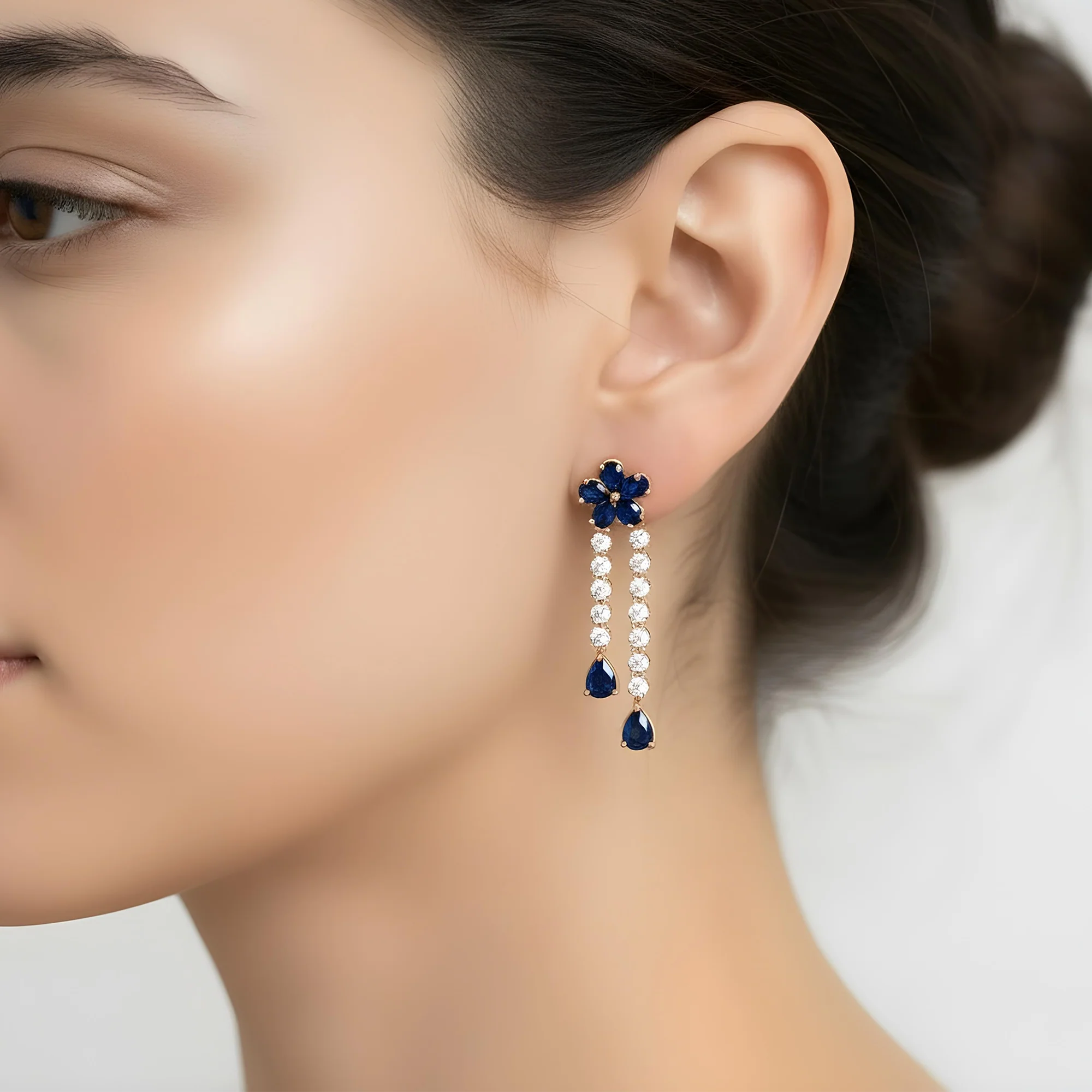 14K White Gold Sapphire & Diamond Flower Drop Earrings 4.40ctw - Image 7