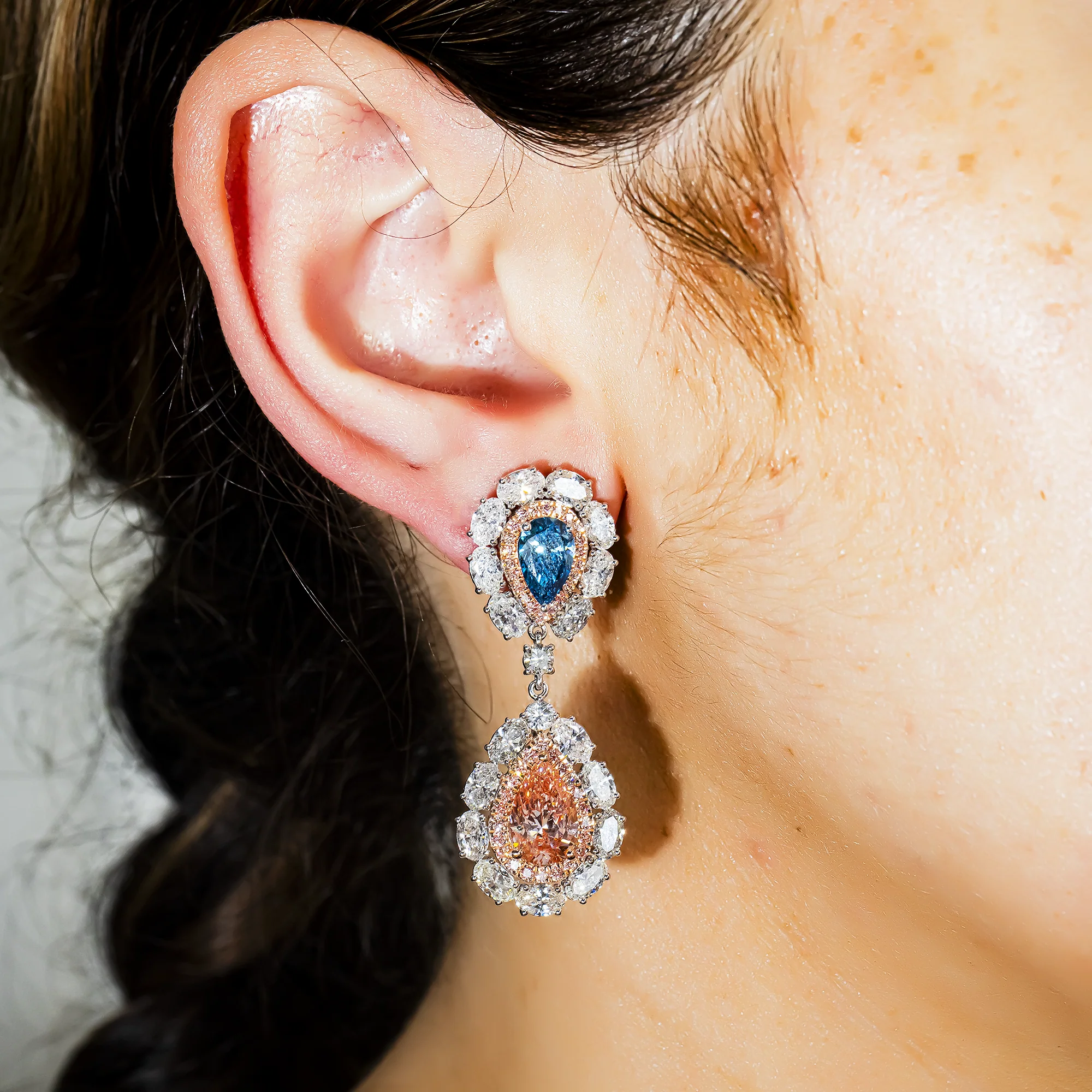 14K White Gold Multi Cut Fancy Pink & Blue Diamond Drop Earrings 14.02ctw - Image 2