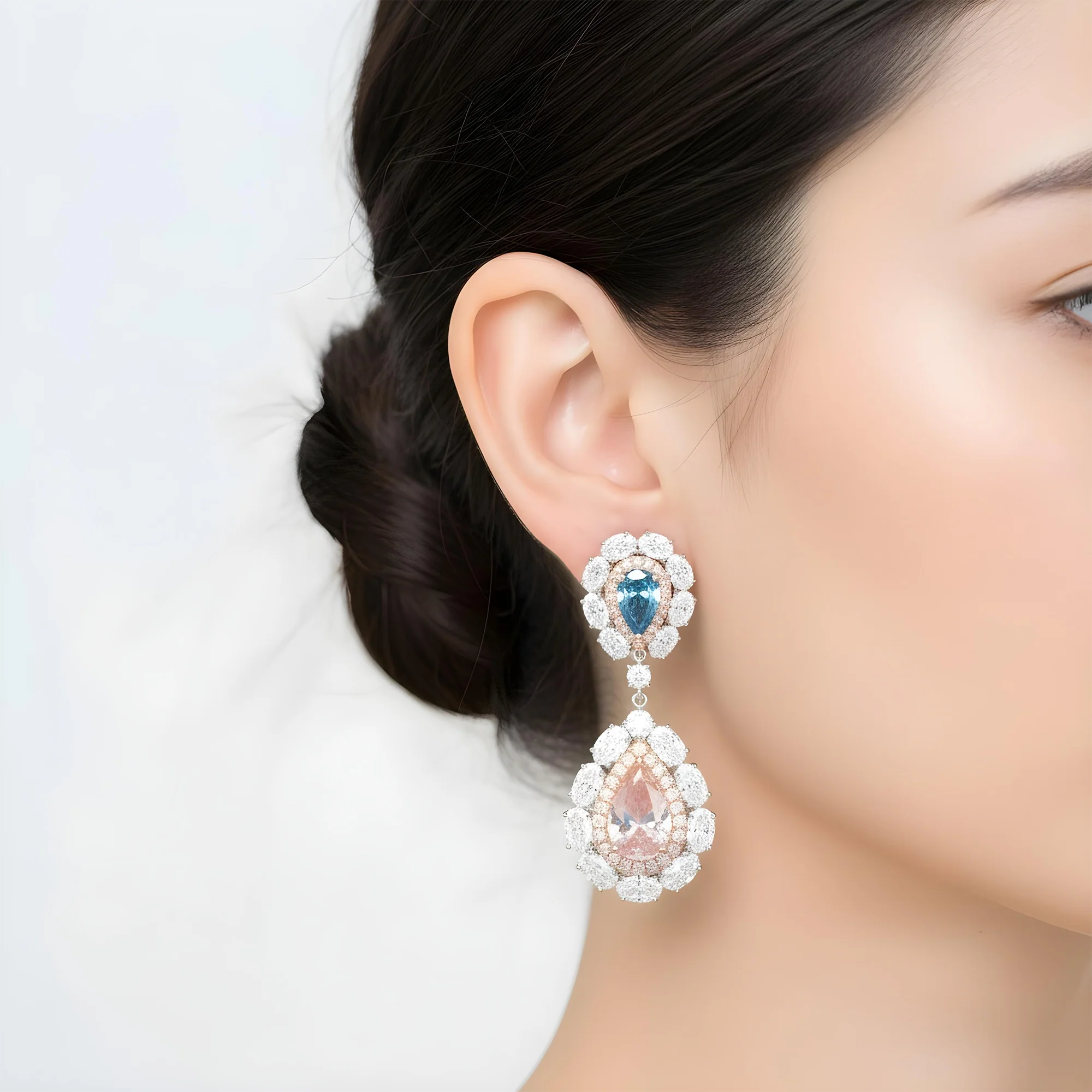 14K White Gold Multi Cut Fancy Pink & Blue Diamond Drop Earrings 14.02ctw - Image 5