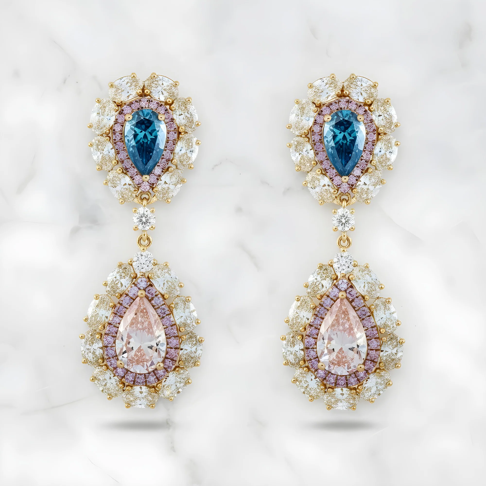 14K White Gold Multi Cut Fancy Pink & Blue Diamond Drop Earrings 14.02ctw - Image 6