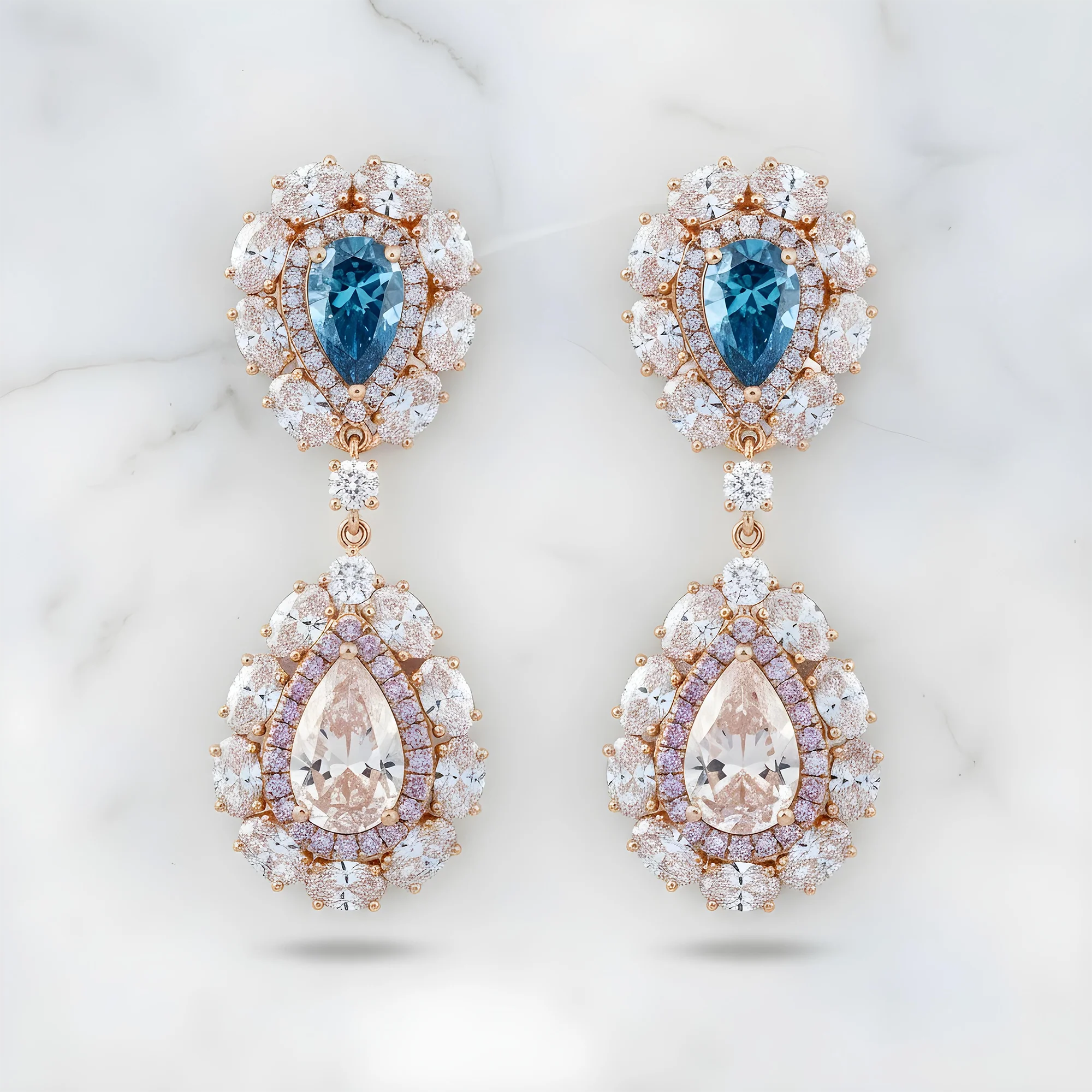 14K White Gold Multi Cut Fancy Pink & Blue Diamond Drop Earrings 14.02ctw - Image 8
