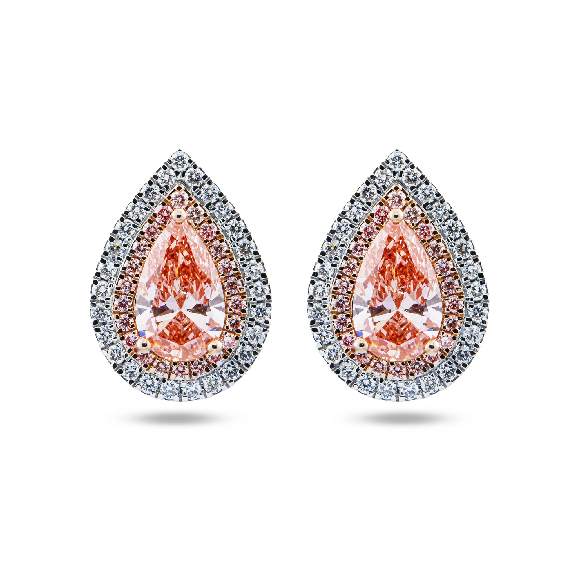 14K Two Tone Fancy Pink Pear Cut Diamond Stud Earrings W/ Halo 2.98ctw