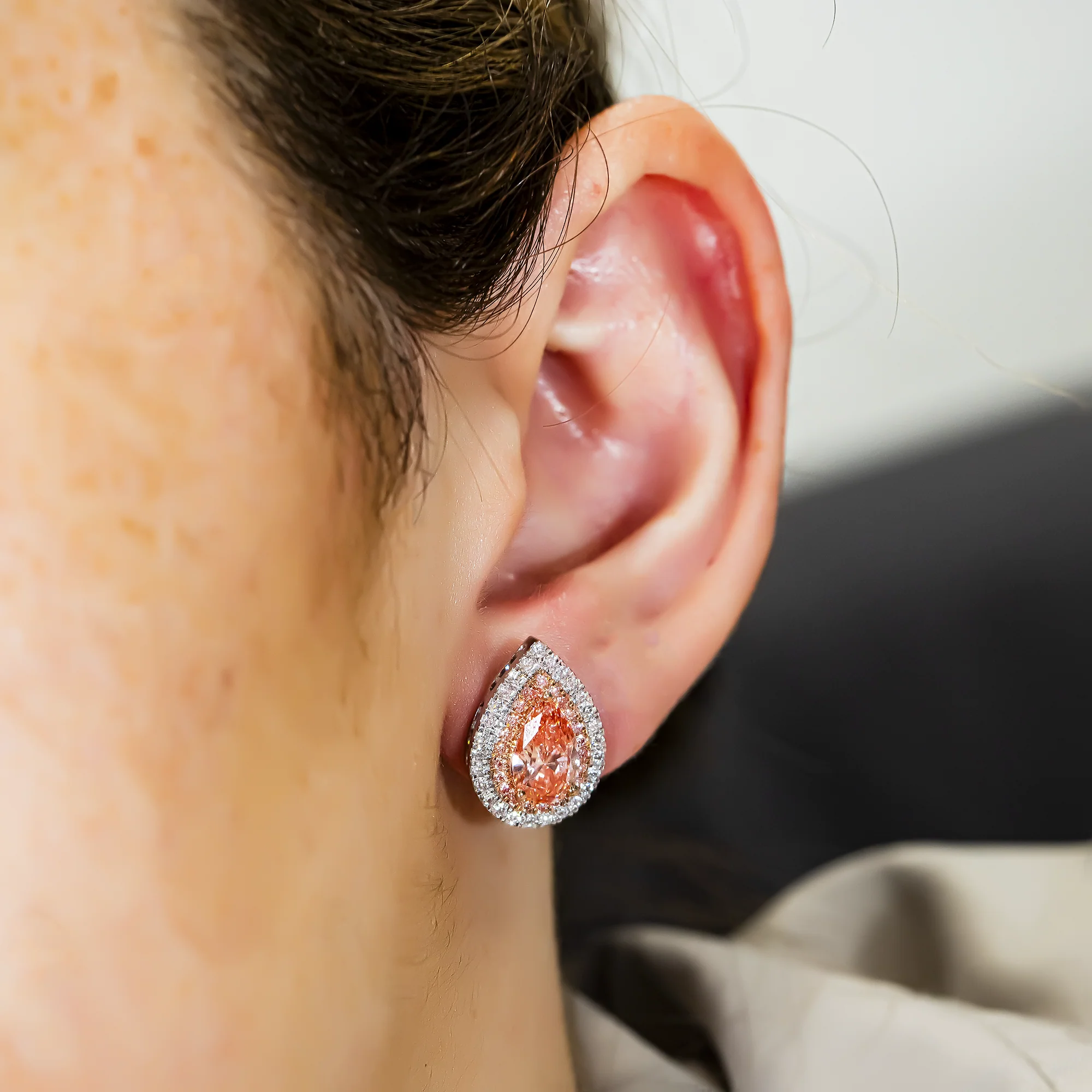 14K Two Tone Fancy Pink Pear Cut Diamond Stud Earrings W/ Halo 2.98ctw - Image 2