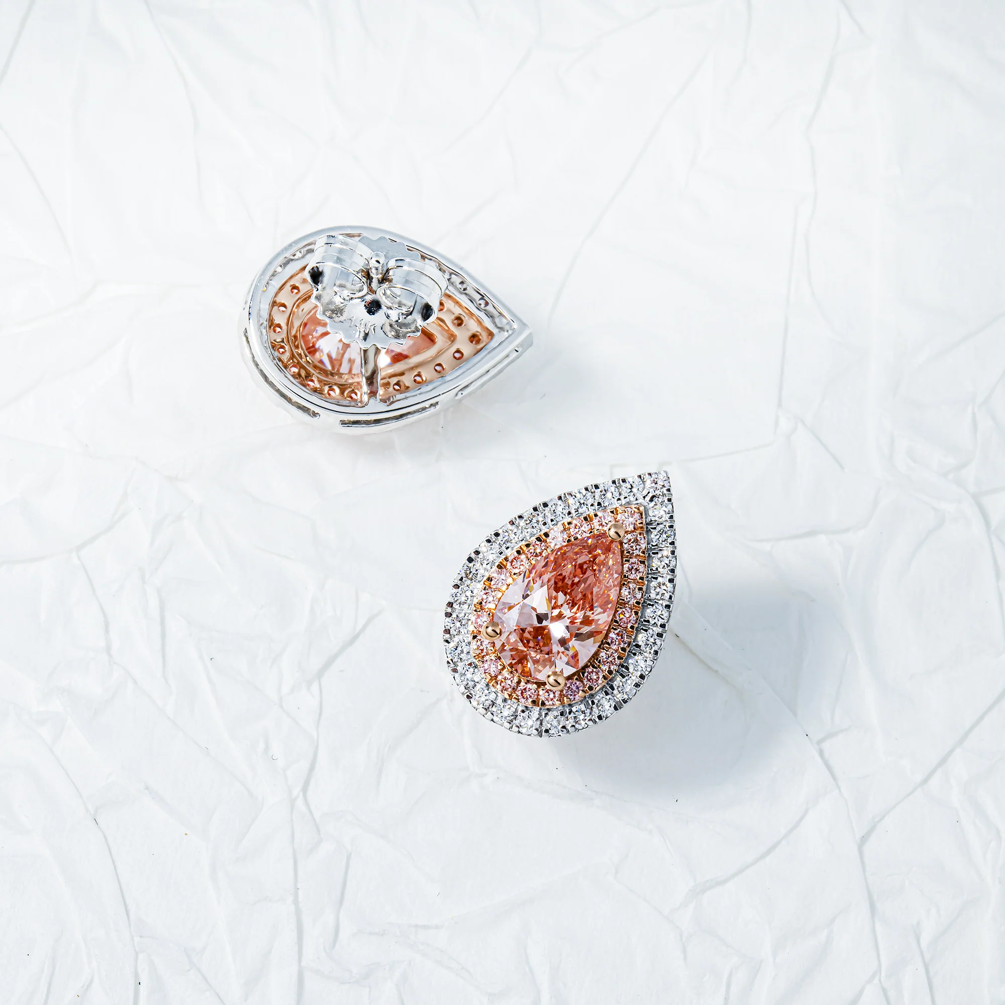 14K Two Tone Fancy Pink Pear Cut Diamond Stud Earrings W/ Halo 2.98ctw - Image 3