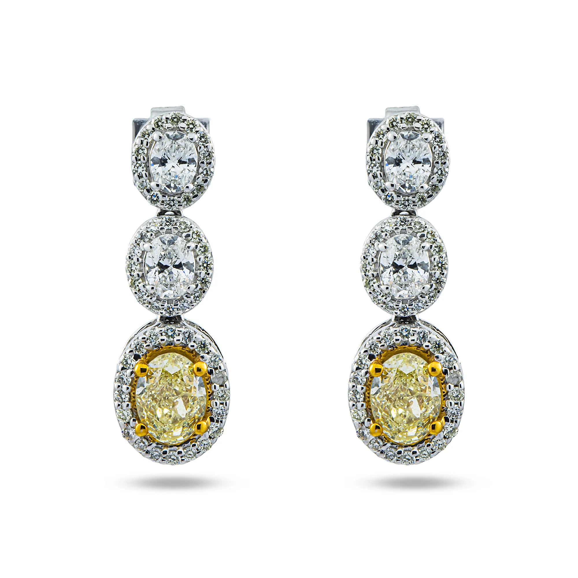14K White Gold Fancy Yellow & White Oval Cut Diamond Drop Earrings 3.05ctw