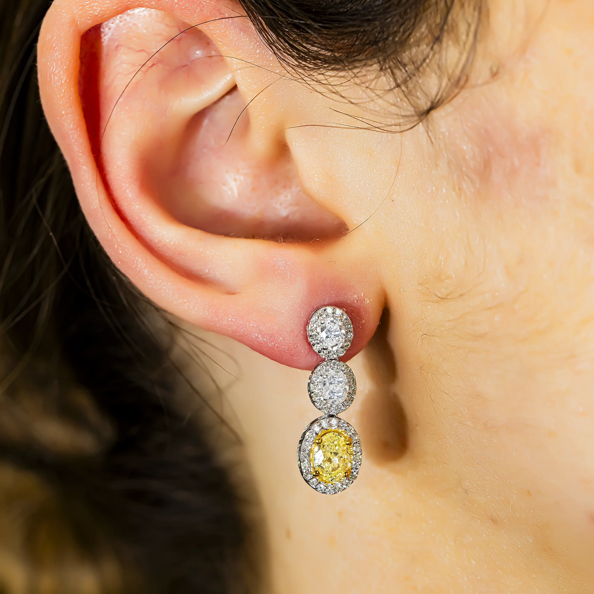 14K White Gold Fancy Yellow & White Oval Cut Diamond Drop Earrings 3.05ctw - Image 2