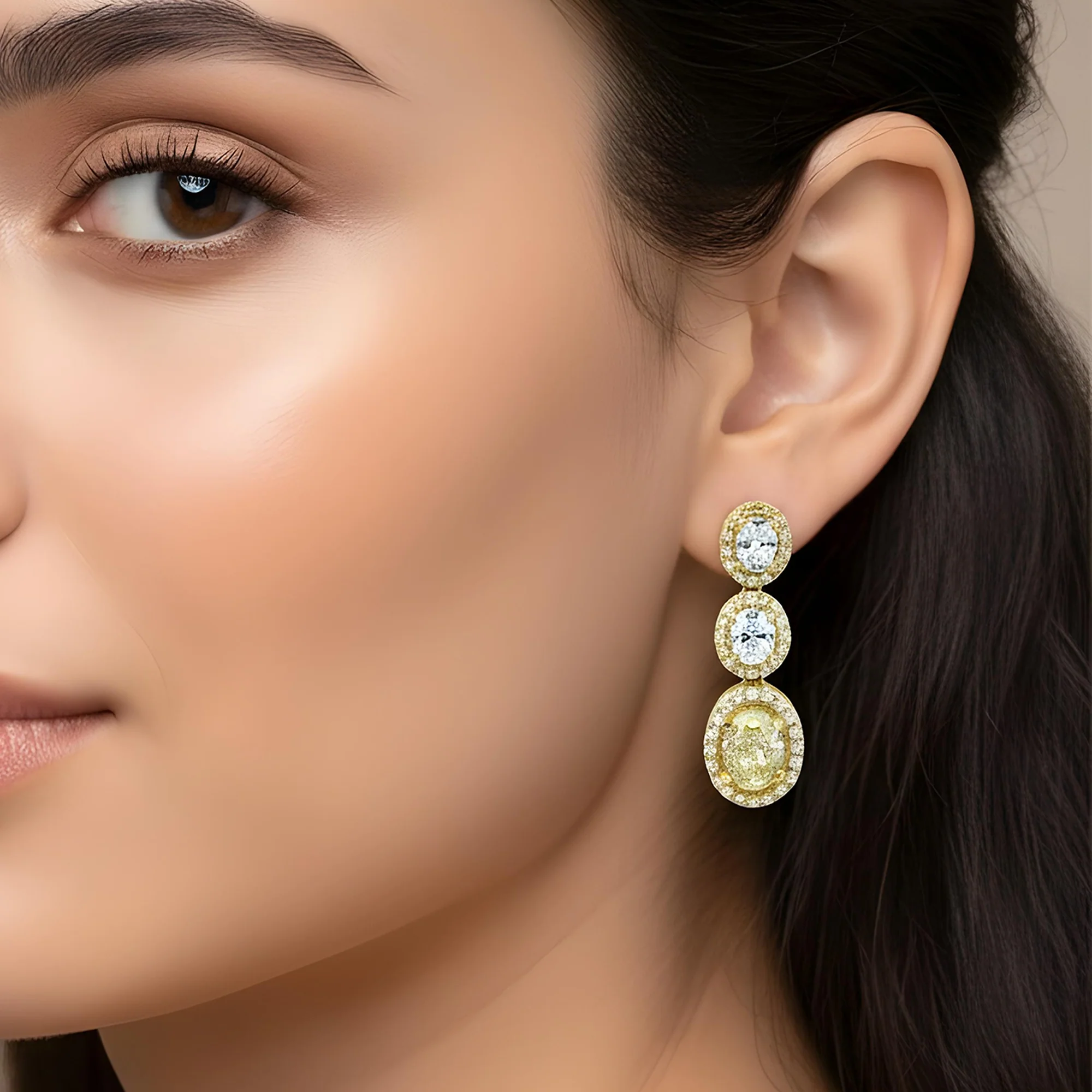 14K White Gold Fancy Yellow & White Oval Cut Diamond Drop Earrings 3.05ctw - Image 5