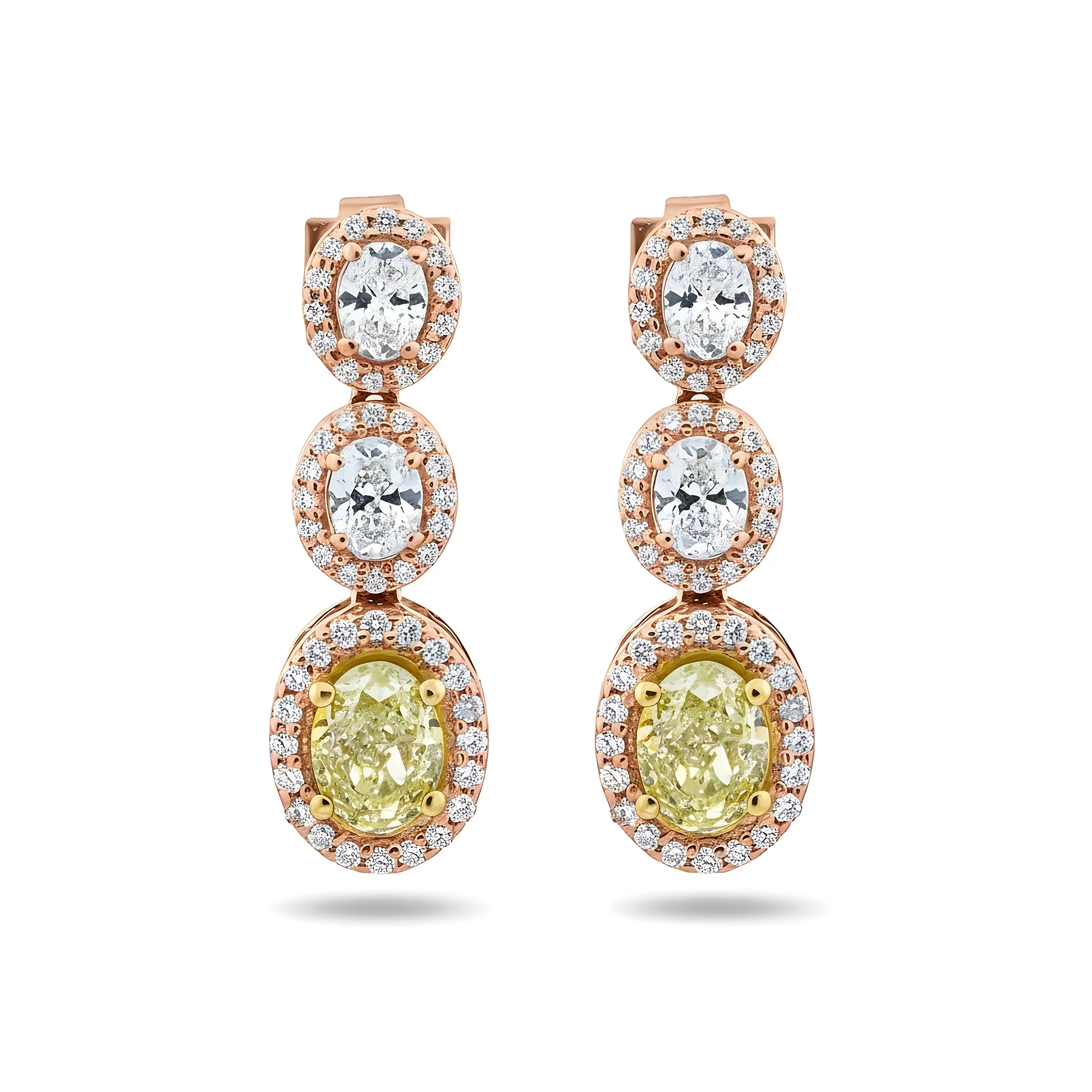 14K White Gold Fancy Yellow & White Oval Cut Diamond Drop Earrings 3.05ctw - Image 6