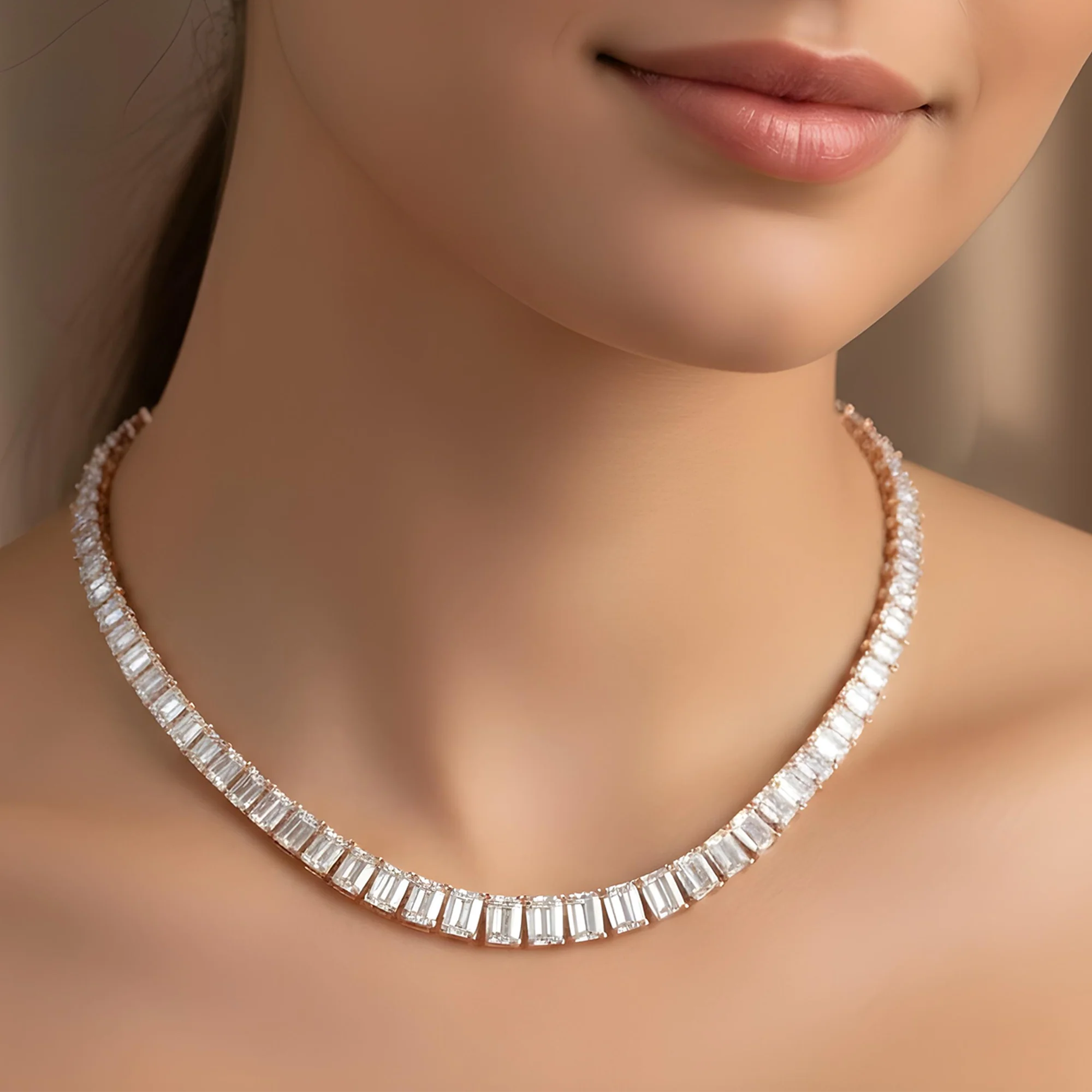 14K White Gold Graduated Emerald Cut Diamond Necklace 31.11ct - Image 7