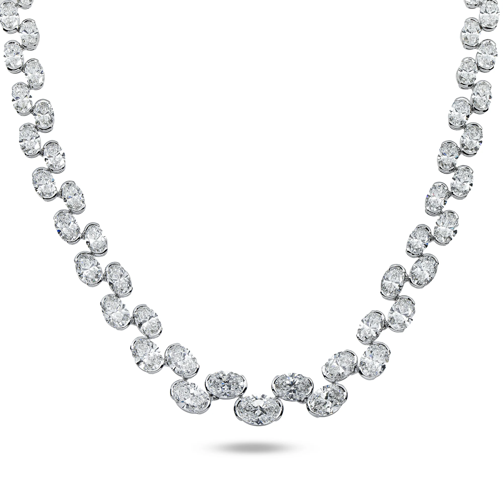 14K White Gold Graduated Oval Cut Floating Diamond Tennis Chain 39.15ct