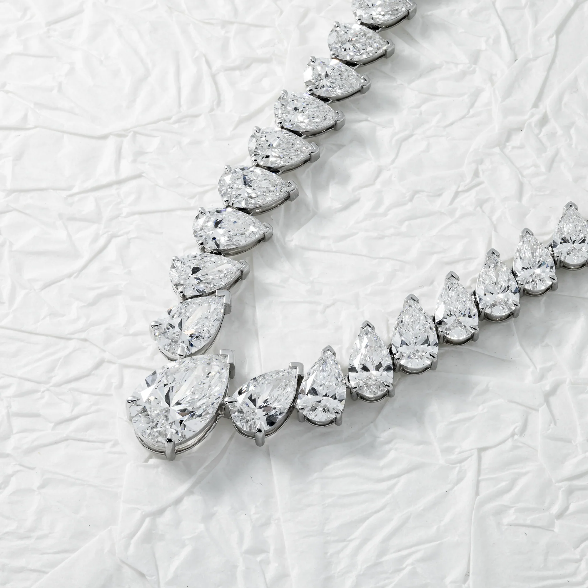 14K White Gold Graduated Pear Cut Diamond Necklace 45.79ct - Image 3