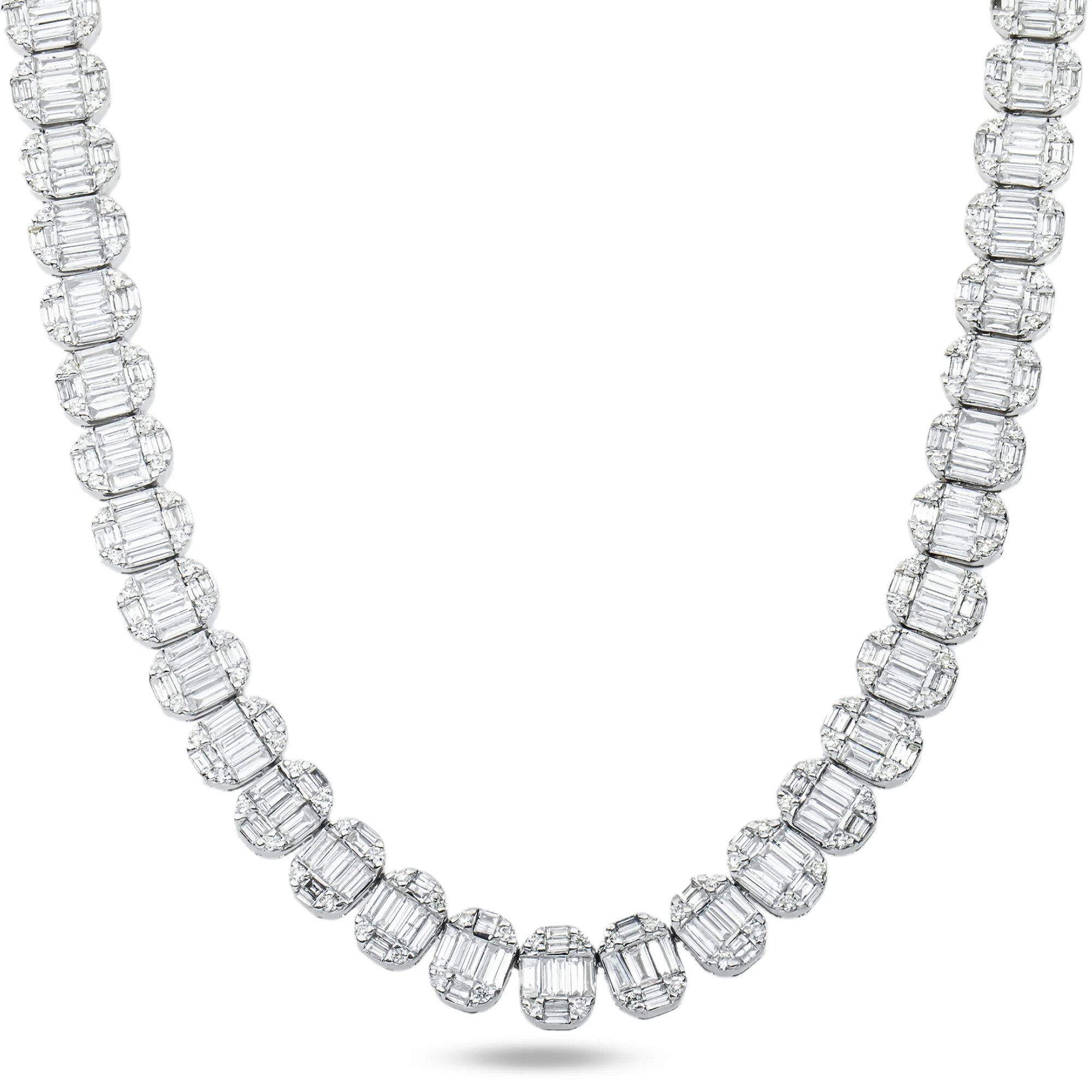 14K White Gold Round & Baguette Cut Diamond Tennis Chain 25.48ct