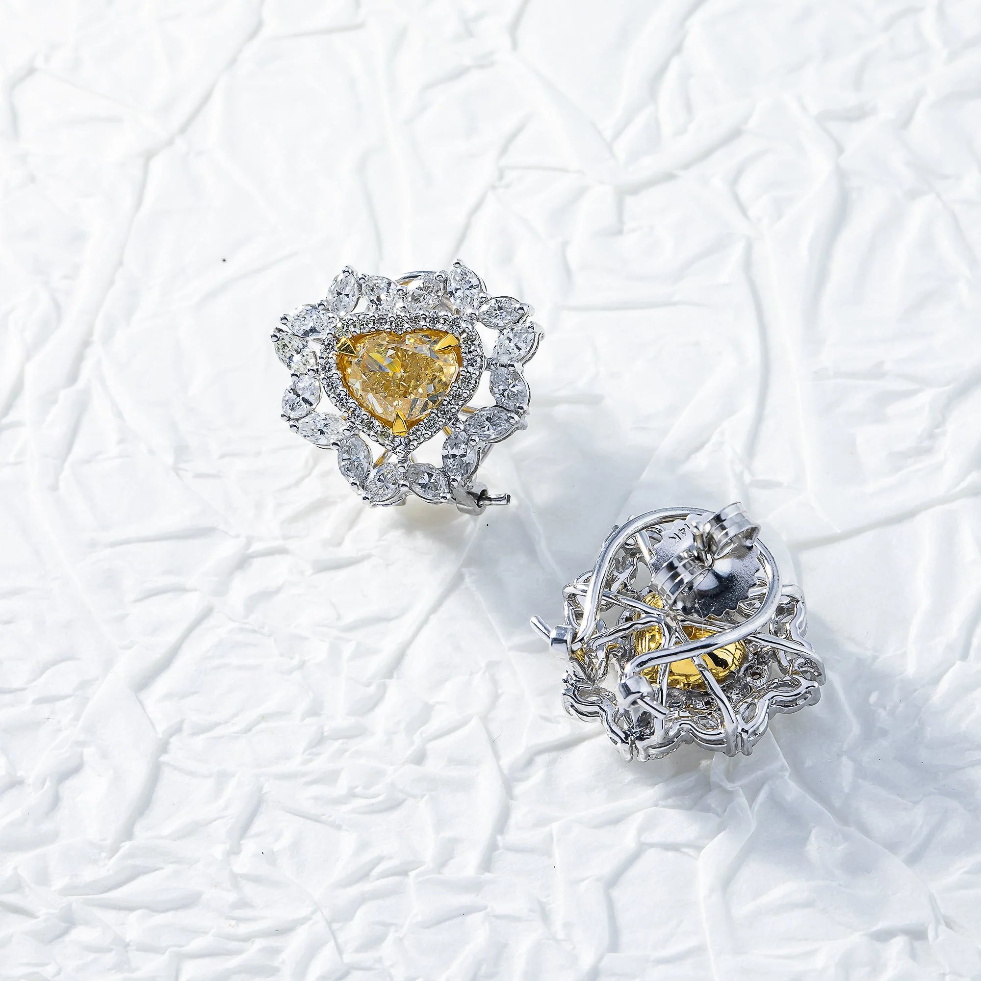 14K White Gold Heart Cut Canary Yellow Diamond Stud Earrings 5.30ctw - Image 3