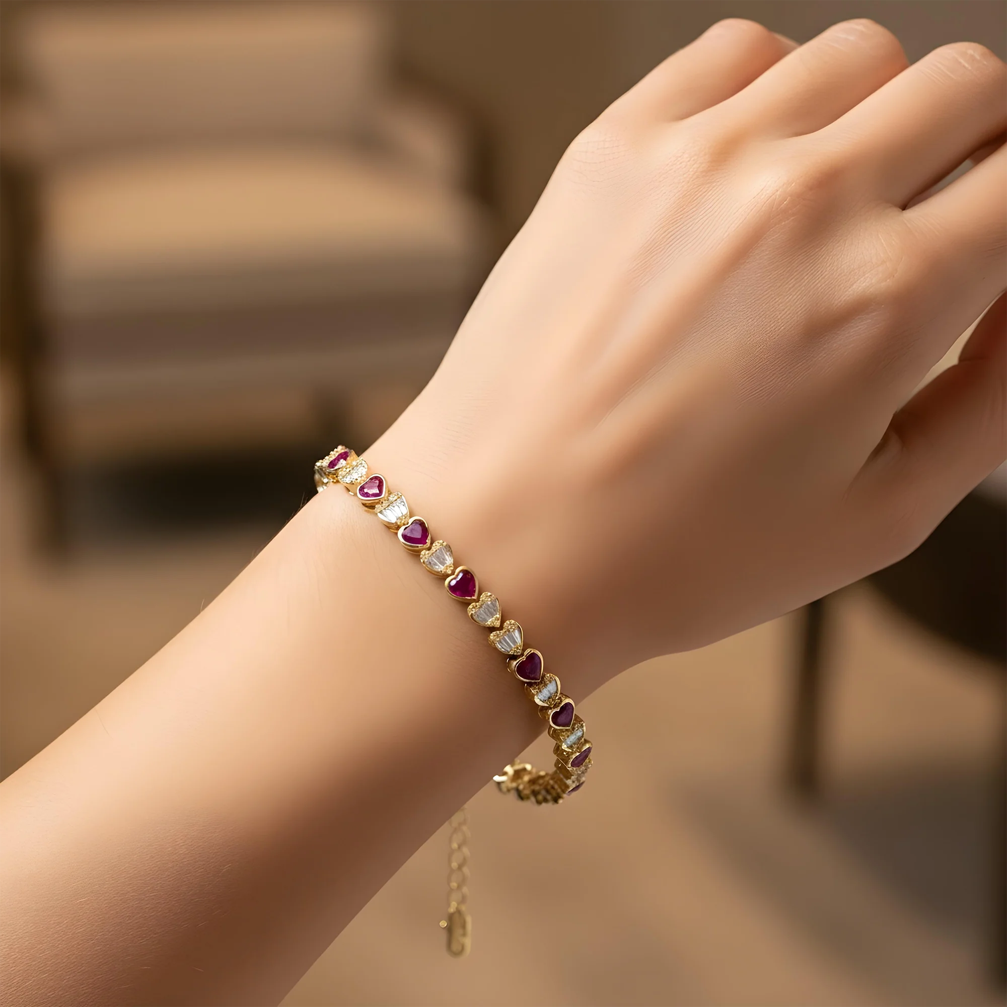 14K White Gold Heart Cut Ruby & Diamond Tennis Bracelet 7.31ct - Image 6