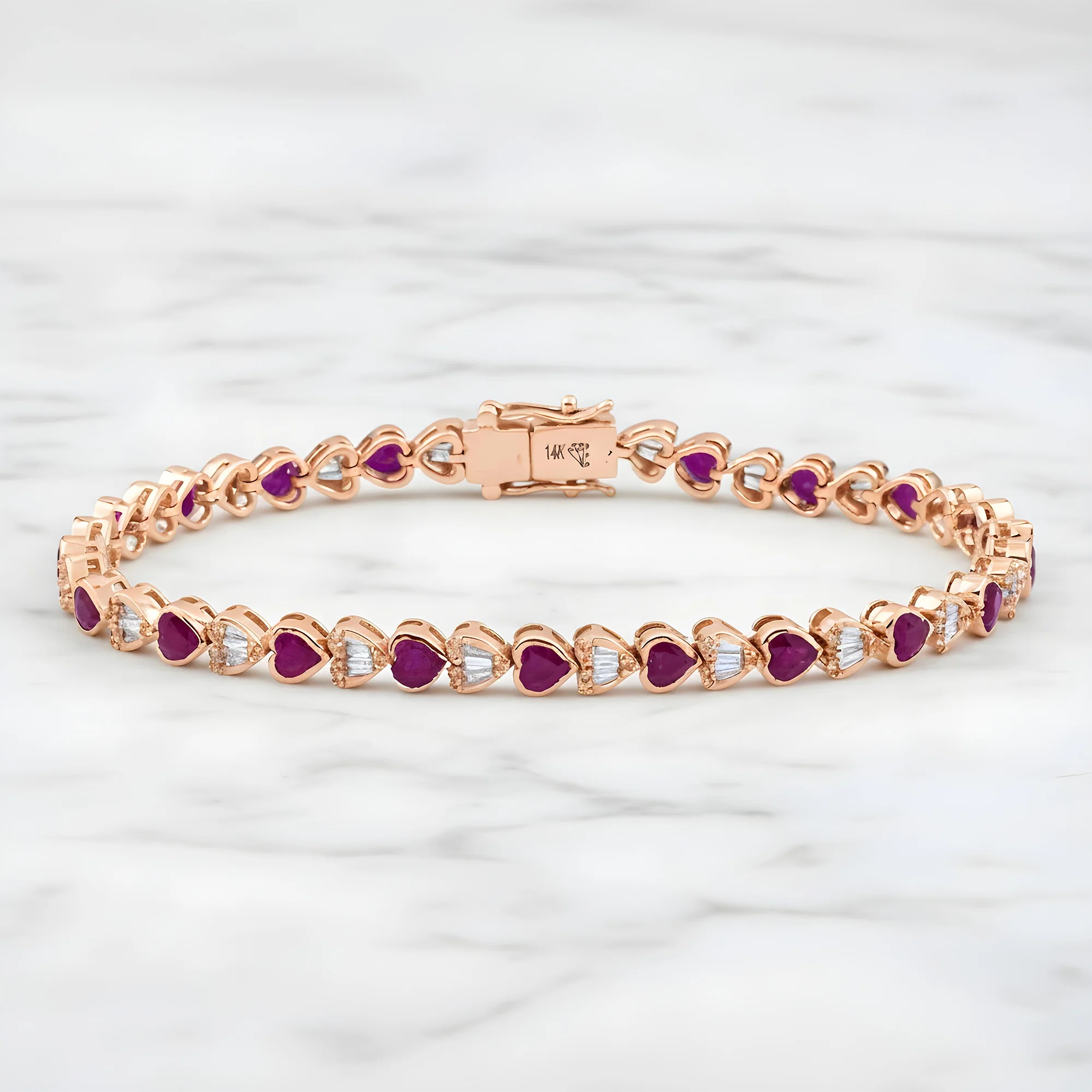 14K White Gold Heart Cut Ruby & Diamond Tennis Bracelet 7.31ct - Image 7
