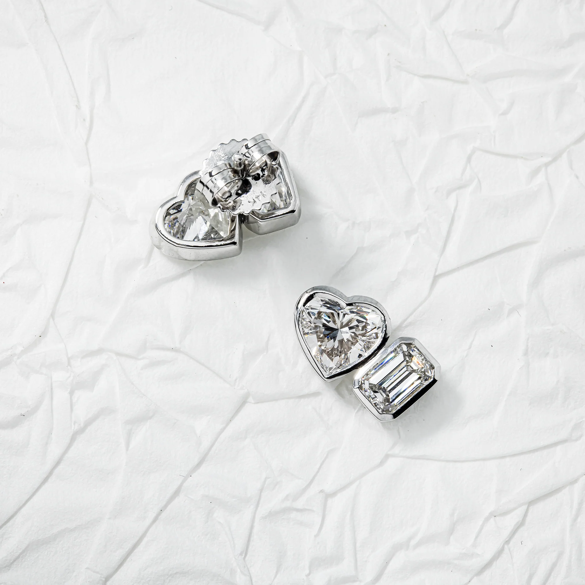 14K White Gold Heart & Emerald Cut Diamond Stud Earrings 3.14ctw - Image 3