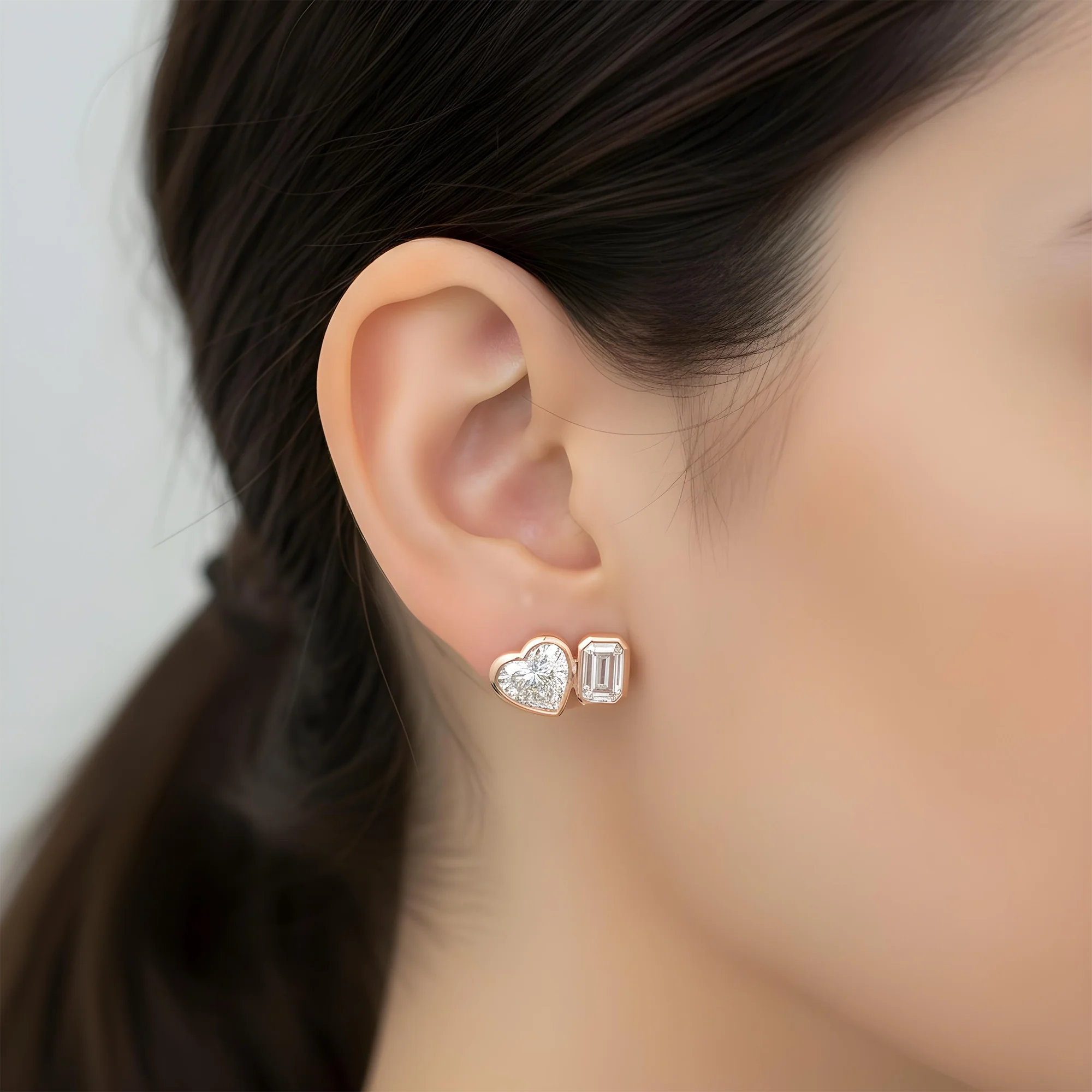 14K White Gold Heart & Emerald Cut Diamond Stud Earrings 3.14ctw - Image 7