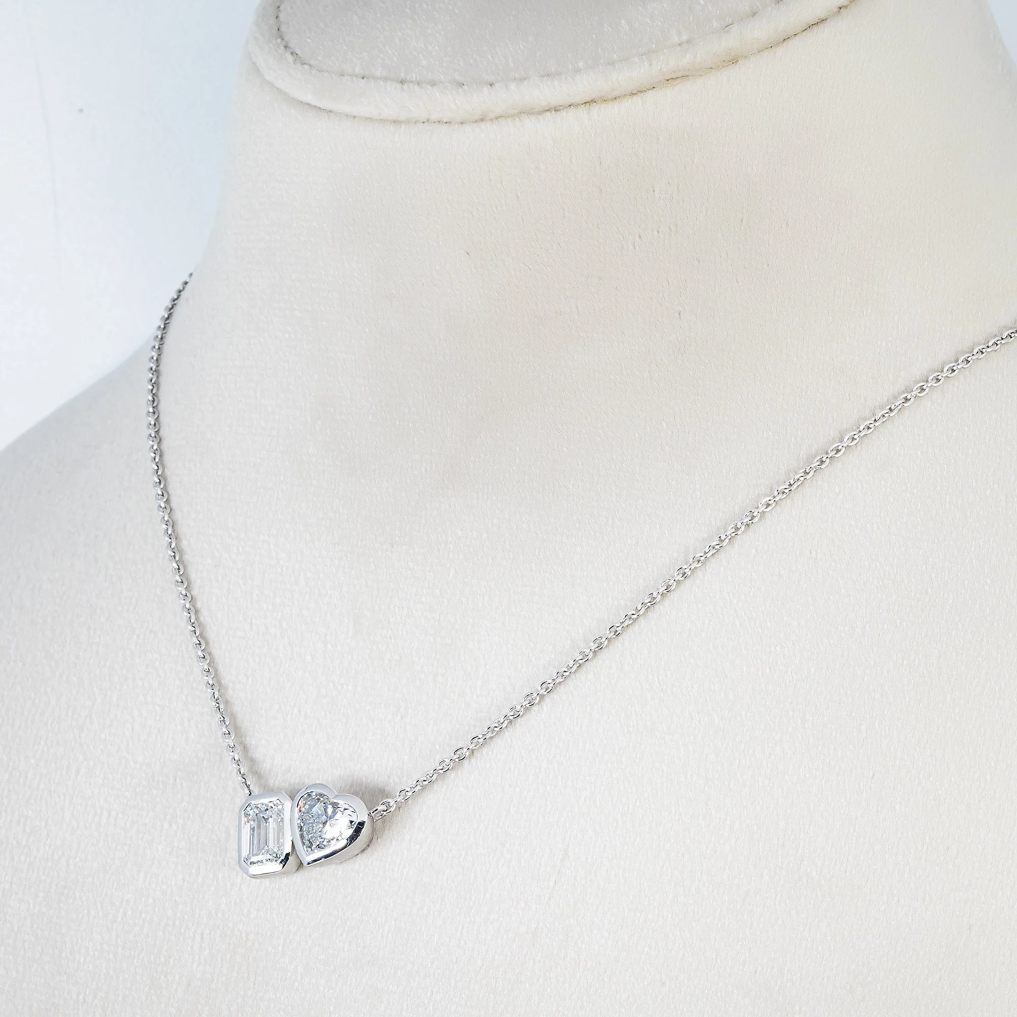 14K White Gold Heart & Emerald Cut Double Diamond Necklace 3.58ctw - Image 3