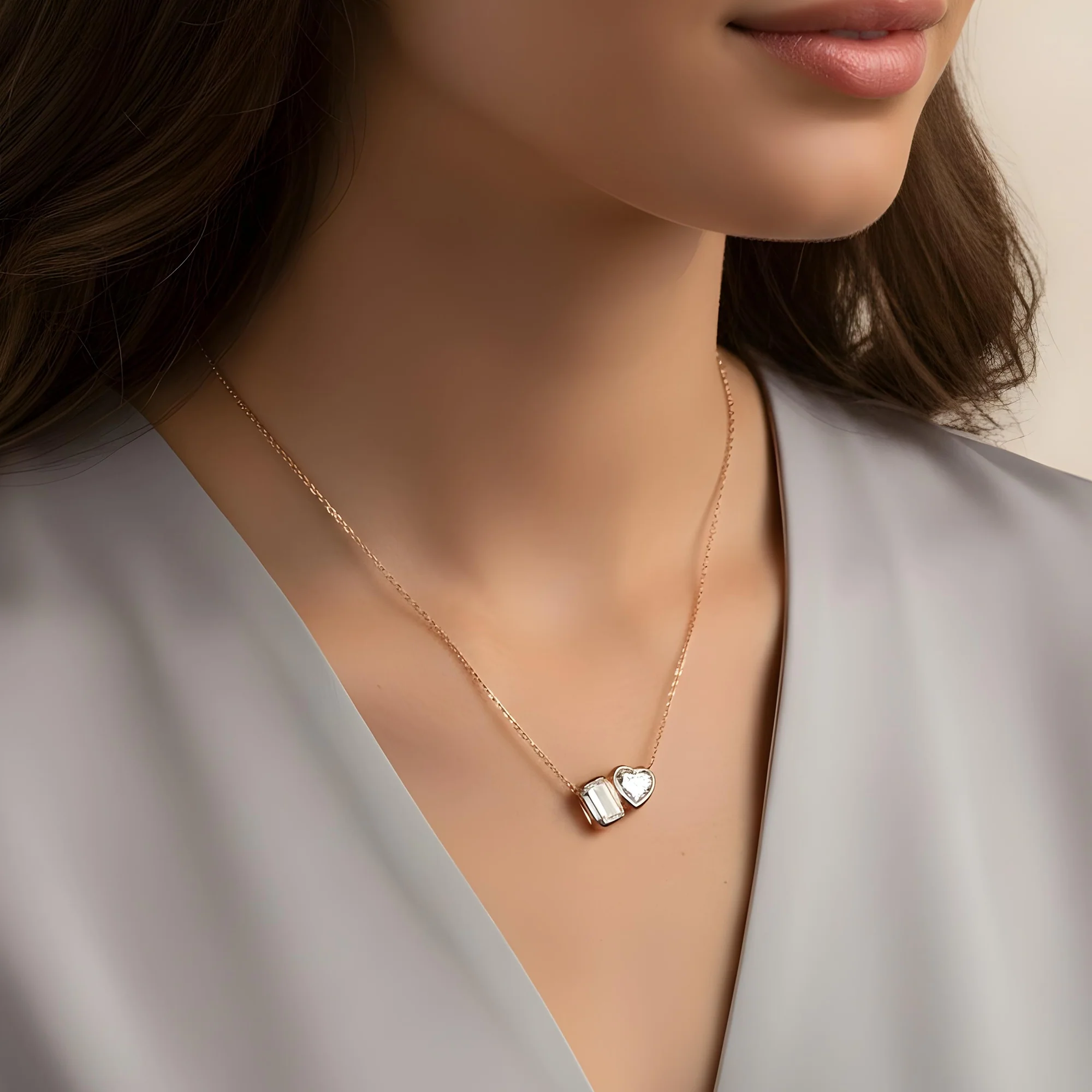 14K White Gold Heart & Emerald Cut Double Diamond Necklace 3.58ctw - Image 8