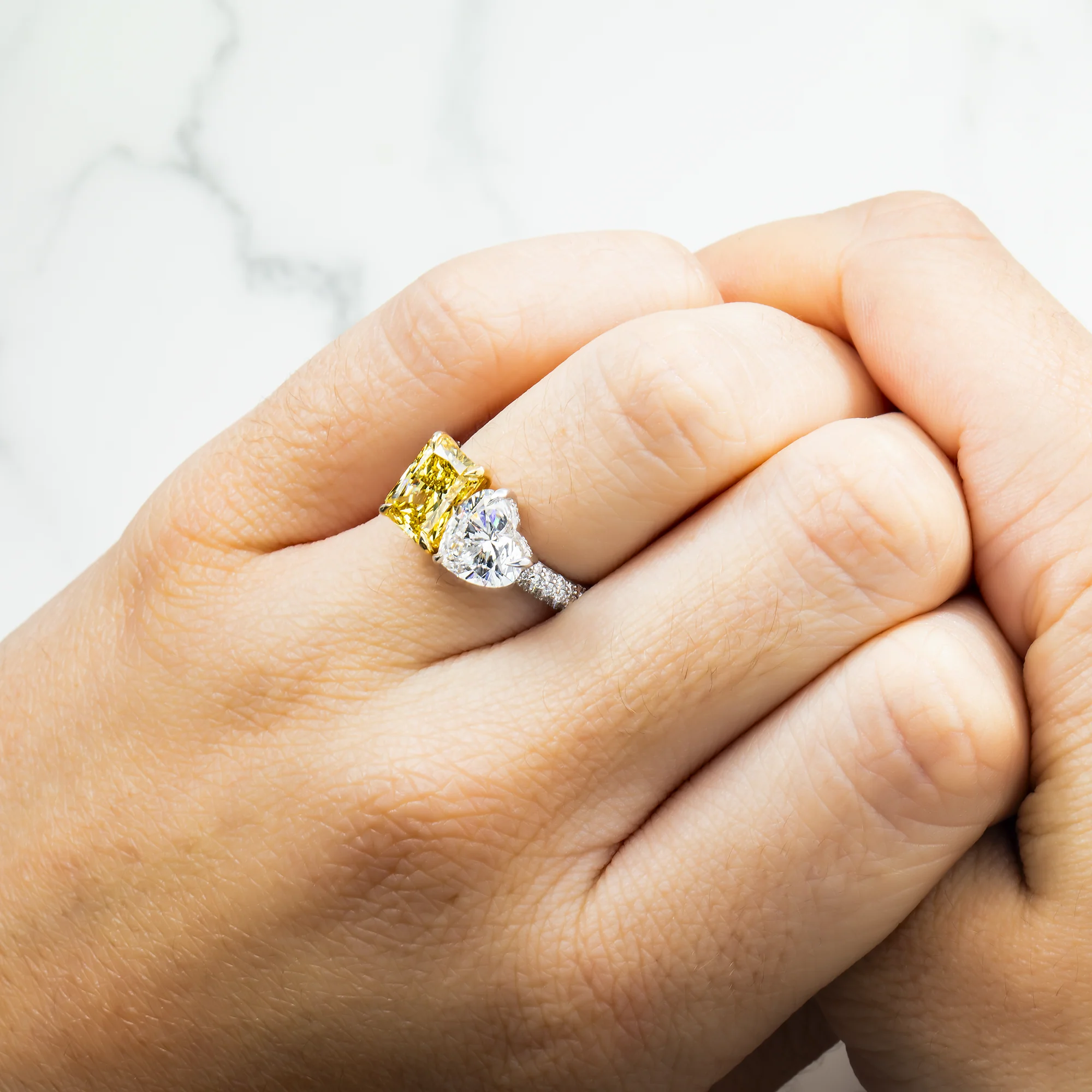 14K White Gold Heart & Fancy Yellow Radiant Diamond Toi Et Moi Ring 4.33ctw - Image 2