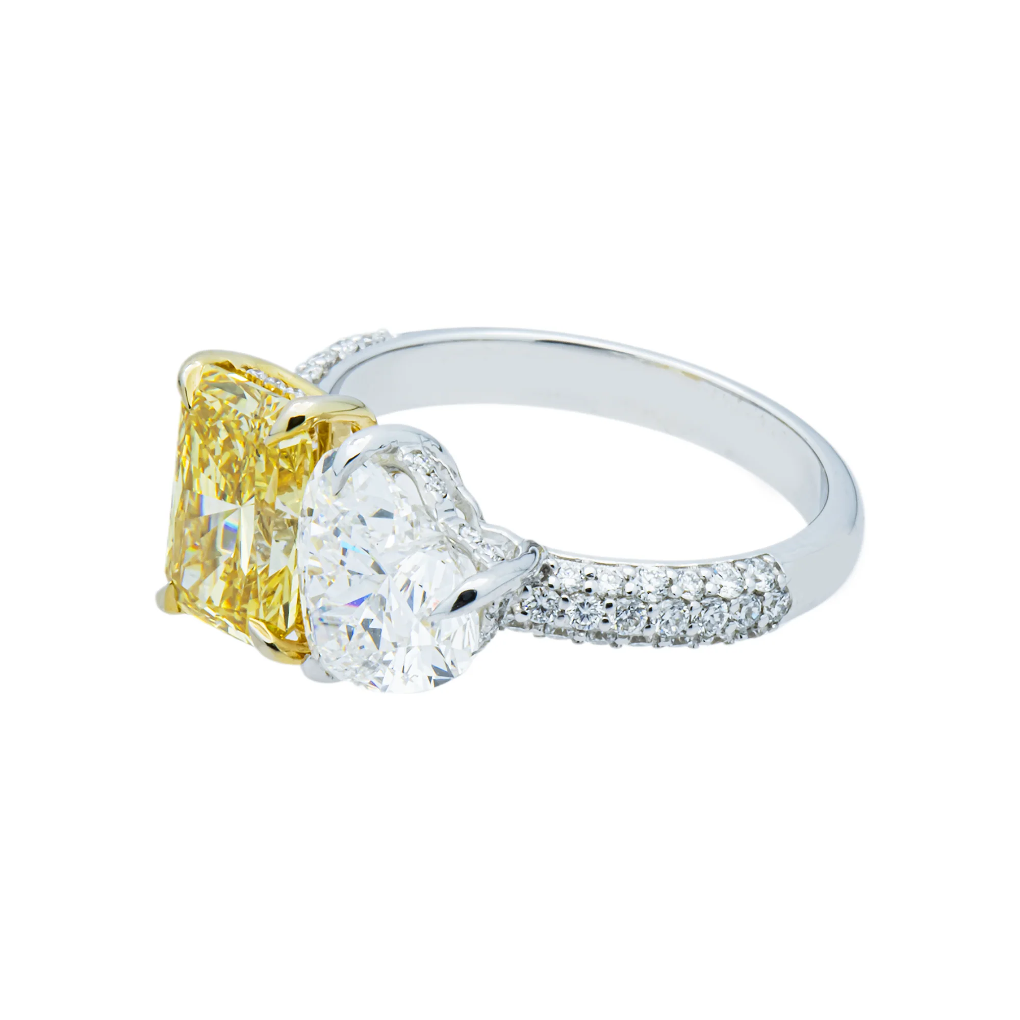 14K White Gold Heart & Fancy Yellow Radiant Diamond Toi Et Moi Ring 4.33ctw - Image 3