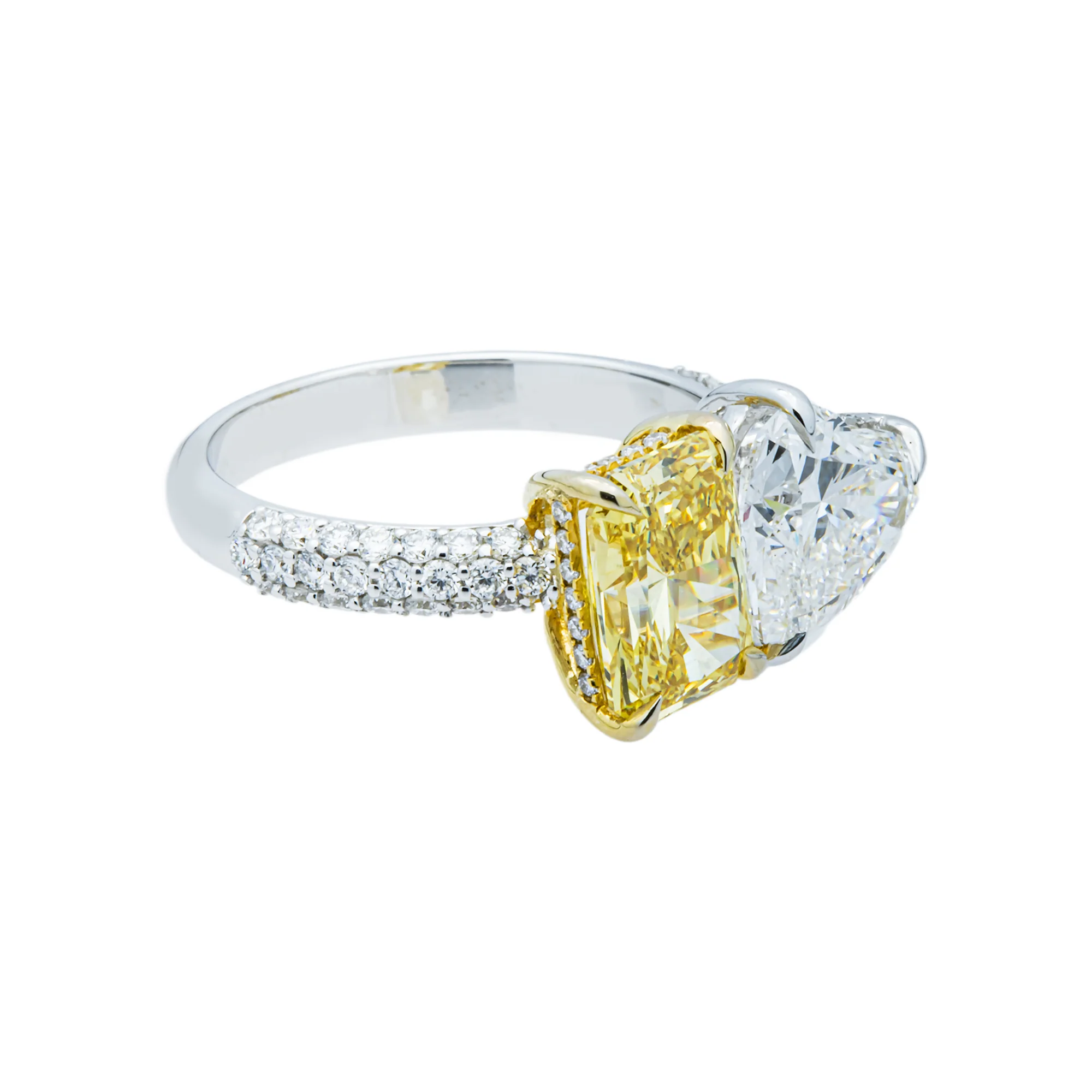 14K White Gold Heart & Fancy Yellow Radiant Diamond Toi Et Moi Ring 4.33ctw - Image 4