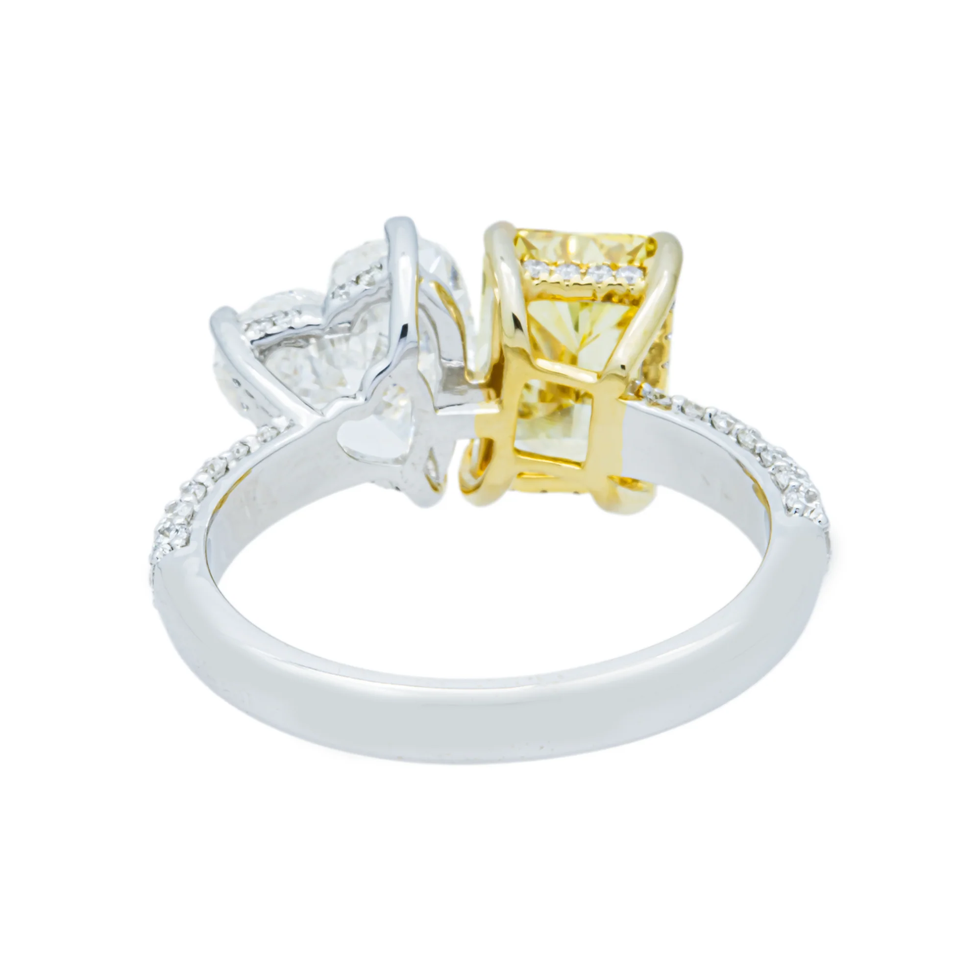 14K White Gold Heart & Fancy Yellow Radiant Diamond Toi Et Moi Ring 4.33ctw - Image 5